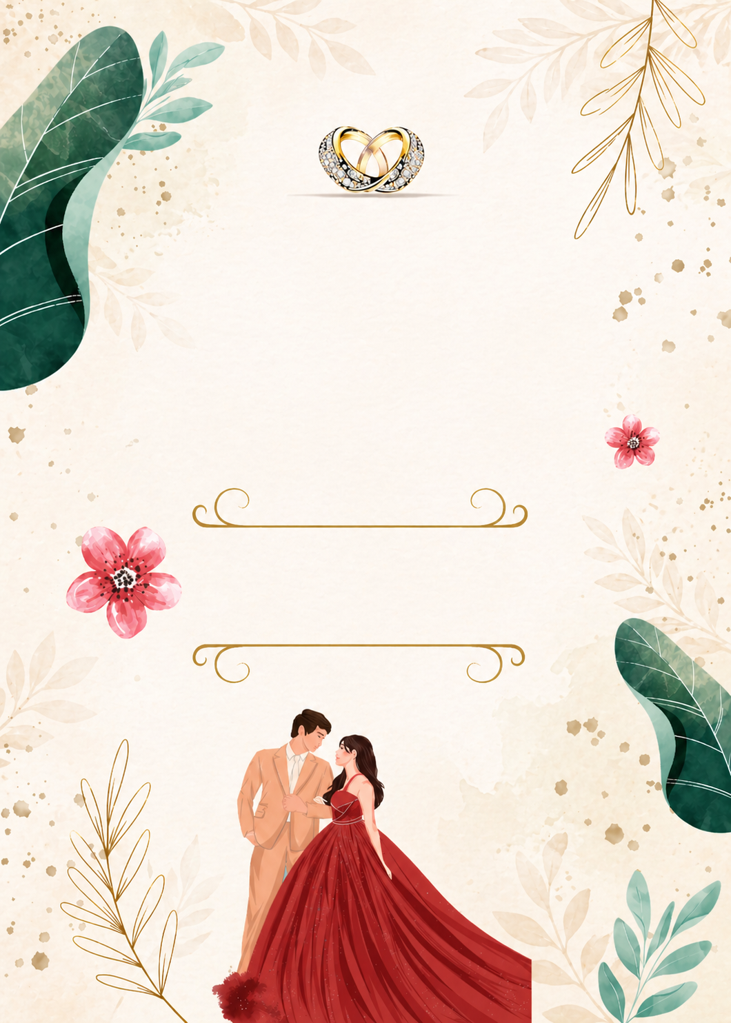 Cream engagement invitation background with an entwined wedding ring illustration and a couple at the bottom