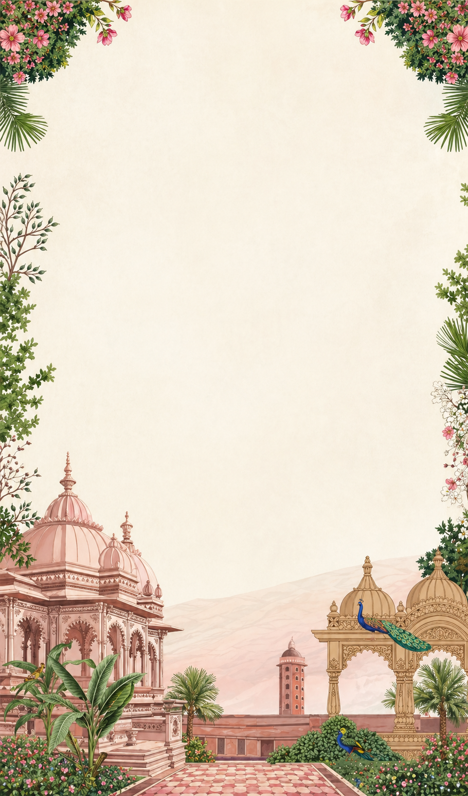 Illustration of pink palace domes with a peacock, palm trees and distant mountains