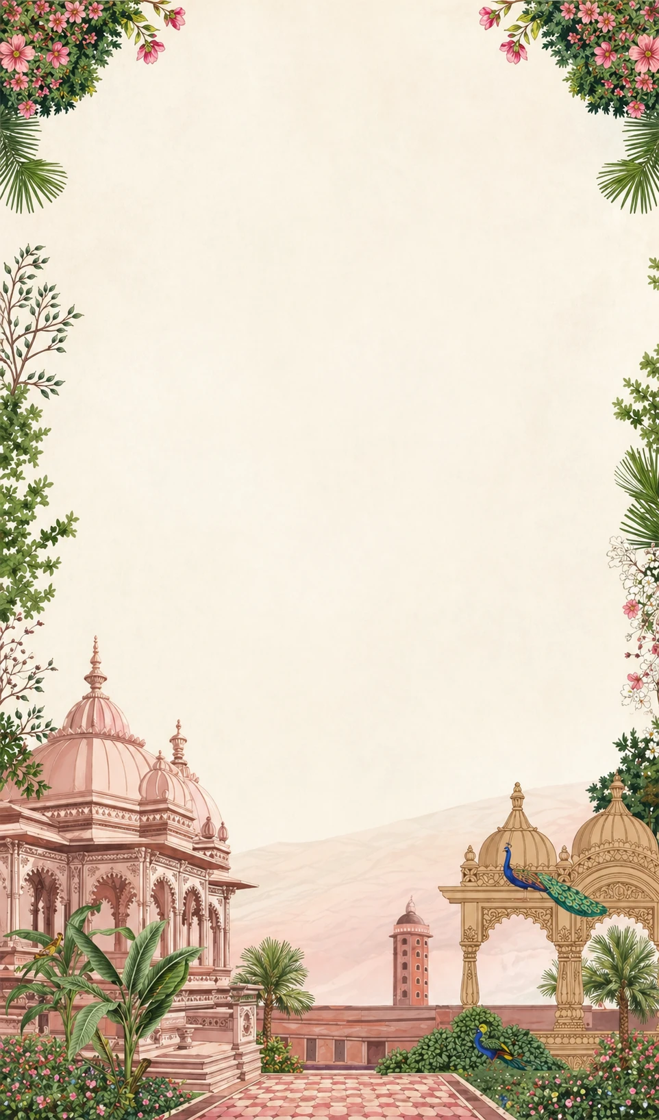 Illustration of pink palace domes with a peacock, palm trees and distant mountains