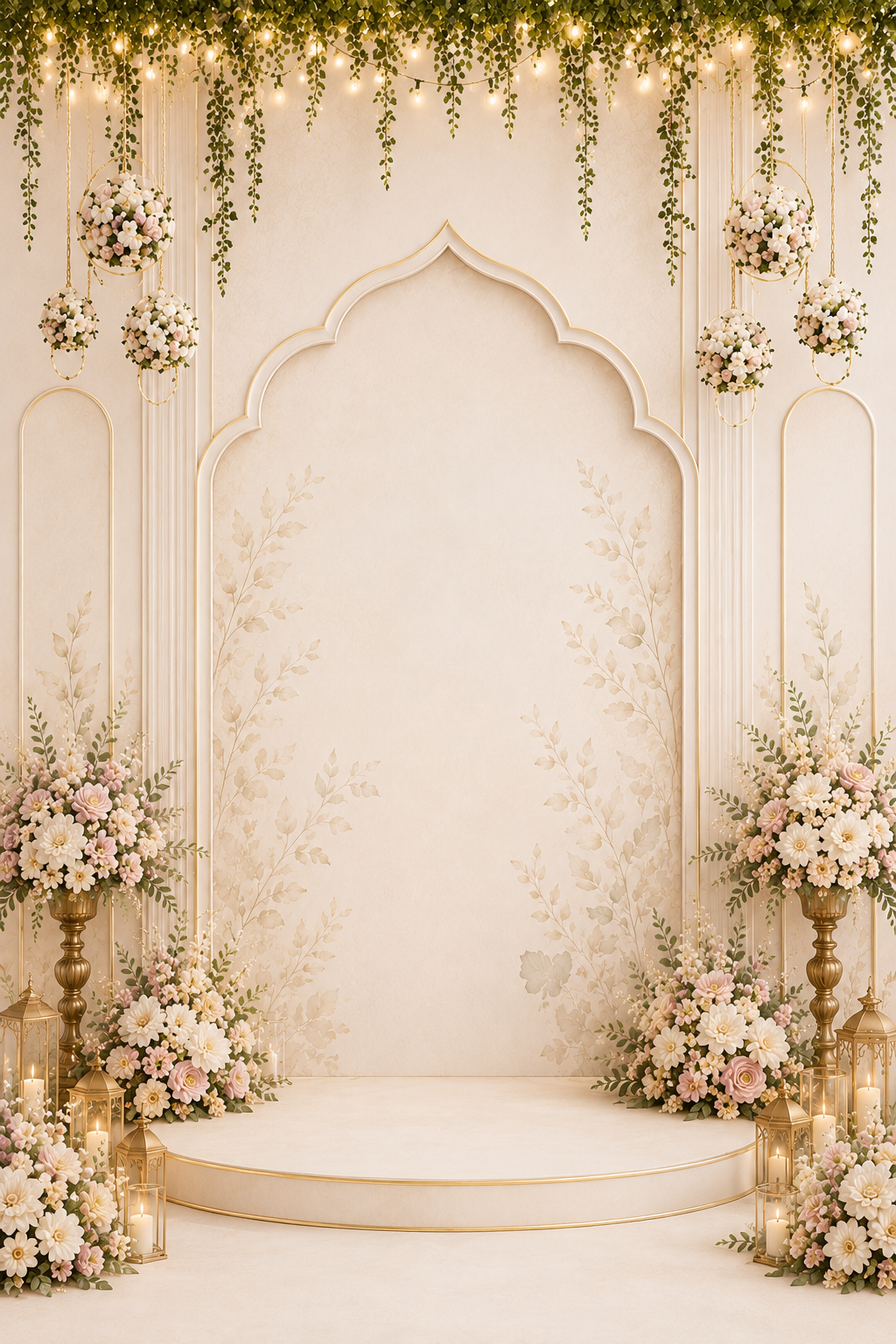Cream Rajasthani arch stage backdrop with fairy lights, hanging floral orbs, gold vases and lanterns