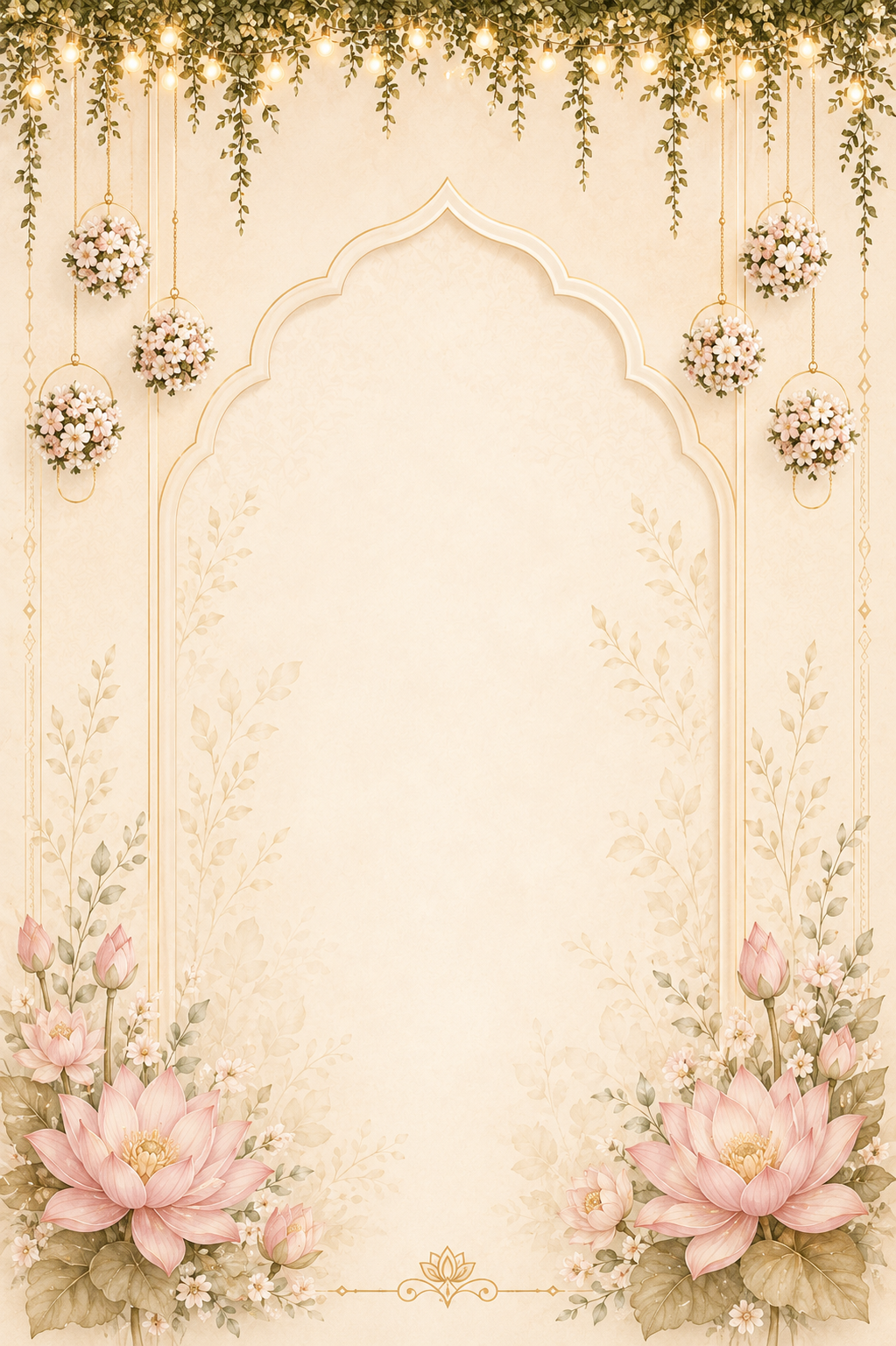 Cream arch backdrop with fairy lights, floral bouquet orbs and pink lotus flowers