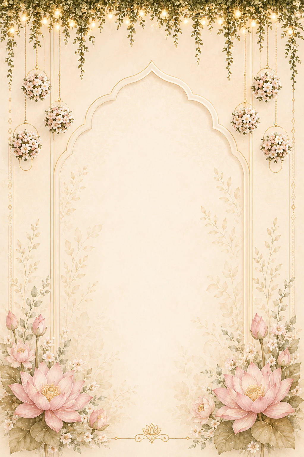 Cream arch backdrop with fairy lights, floral bouquet orbs and pink lotus flowers