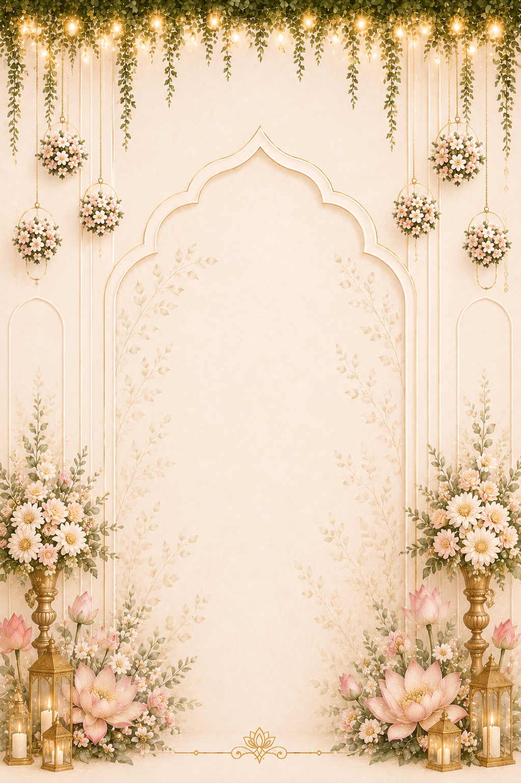 Cream Rajasthani scalloped archway with fairy lights, floral orbs, gold vases and lanterns