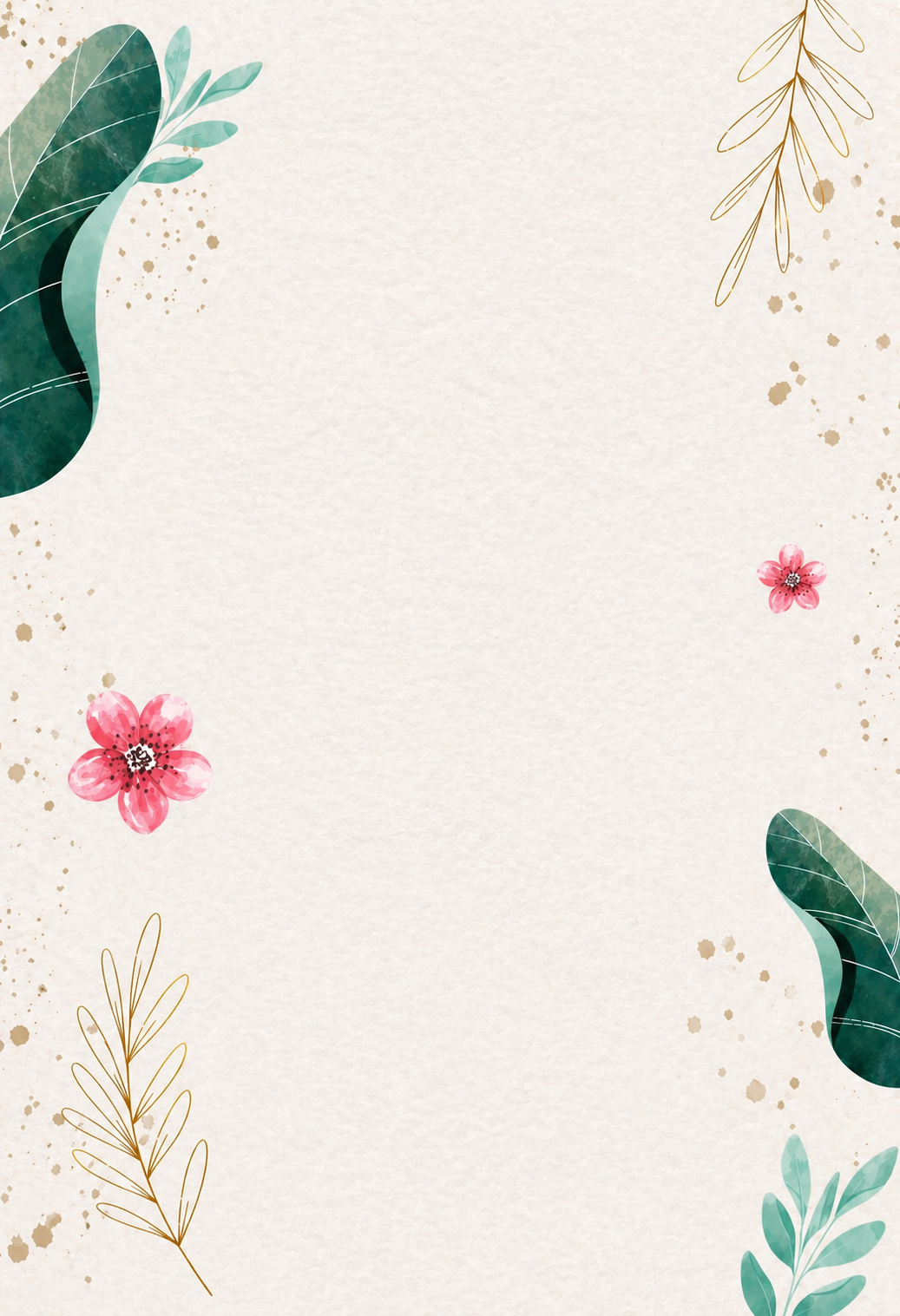 Cream textured background with watercolor leaf clusters, gold branch sprigs and small pink flowers