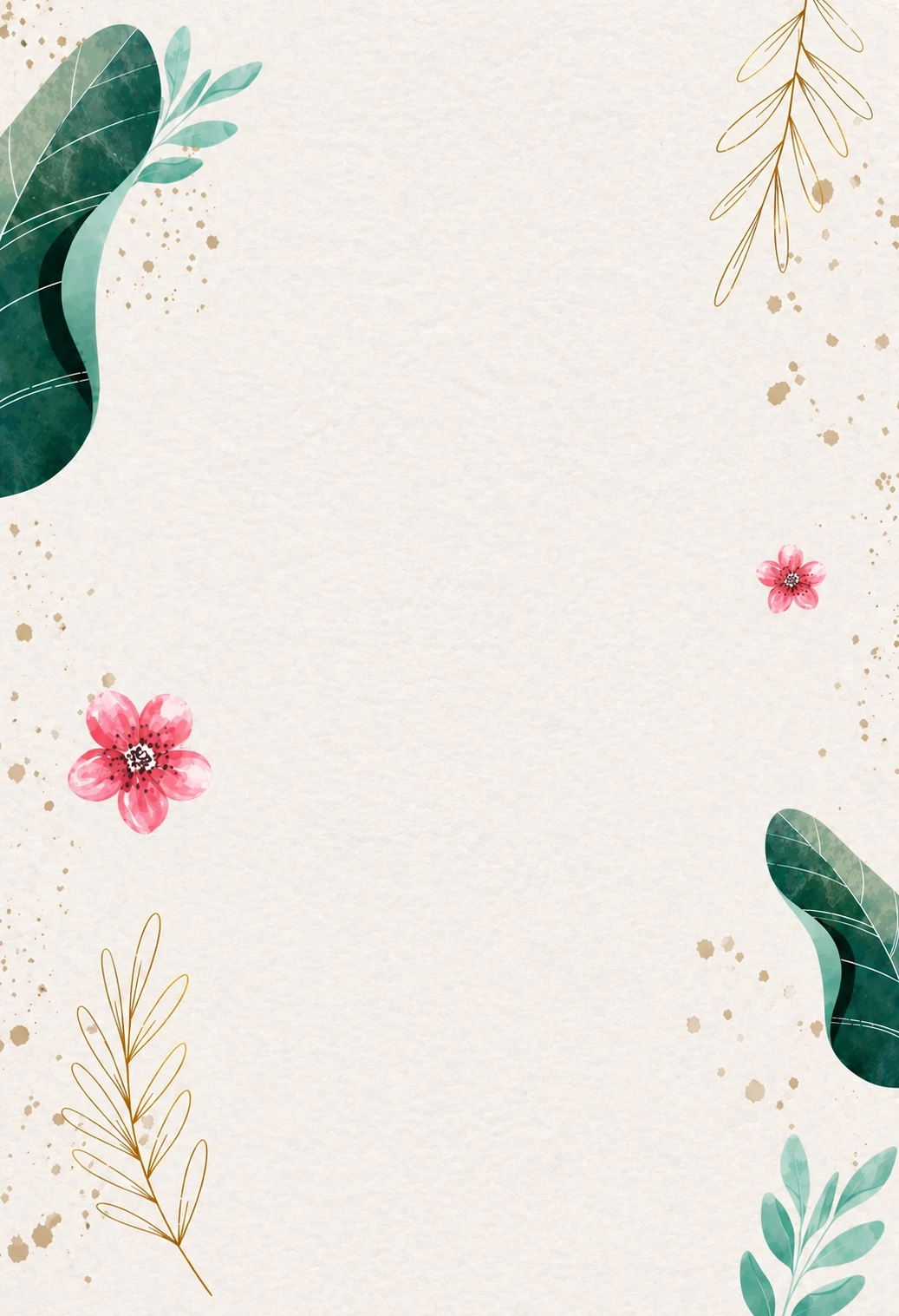 Cream textured background with watercolor leaf clusters, gold branch sprigs and small pink flowers