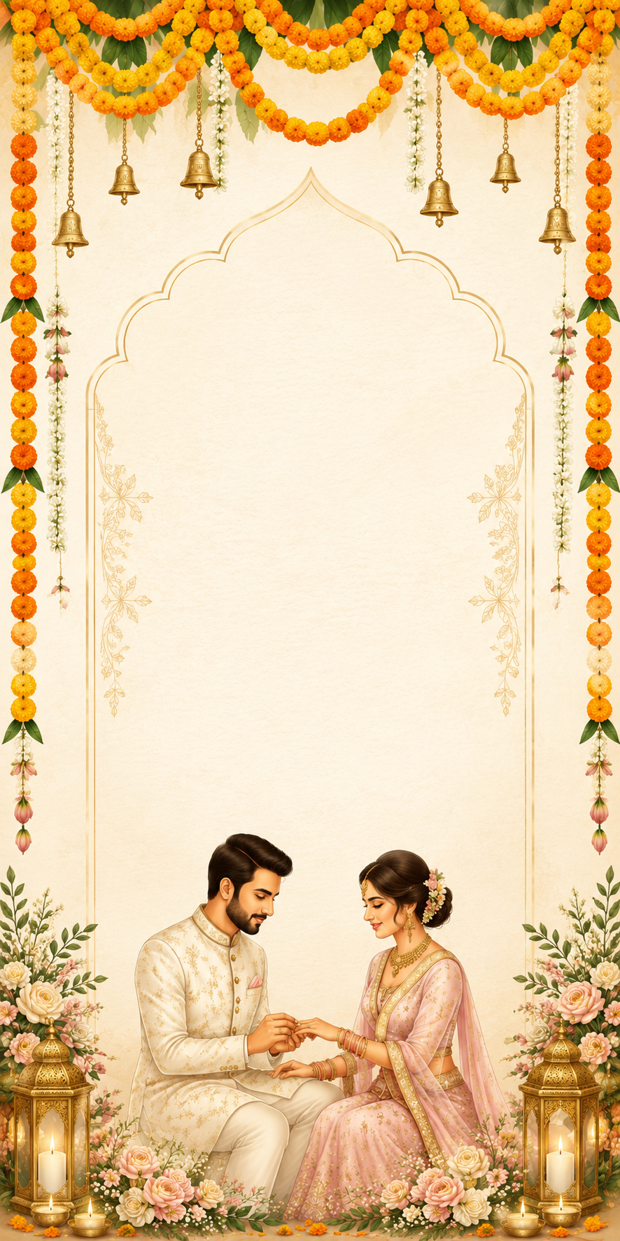 Illustration of an engaged couple exchanging a ring under marigold and jasmine garlands with hanging bells