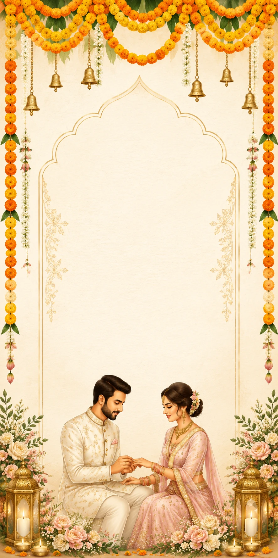 Illustration of an engaged couple exchanging a ring under marigold and jasmine garlands with hanging bells