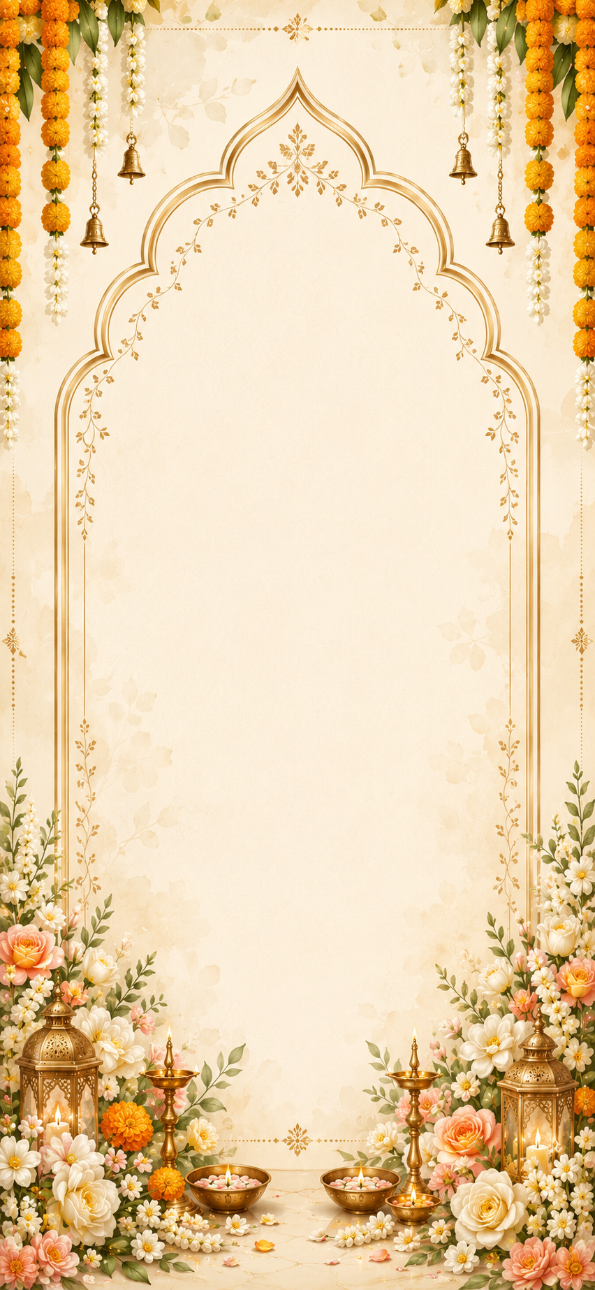 Empty cream and gold ornate scalloped arch stage with marigold garland, bells and oil lamps