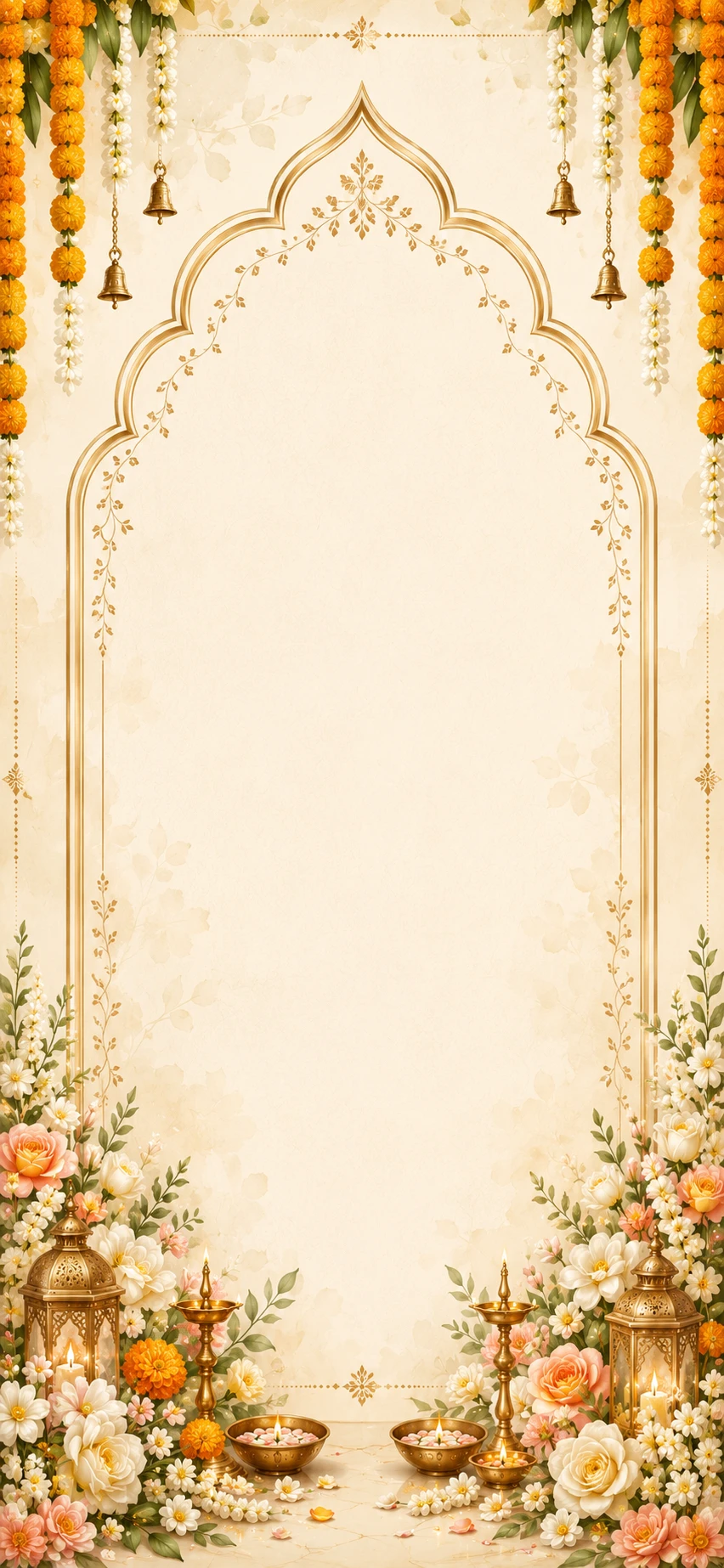 Empty cream and gold ornate scalloped arch stage with marigold garland, bells and oil lamps