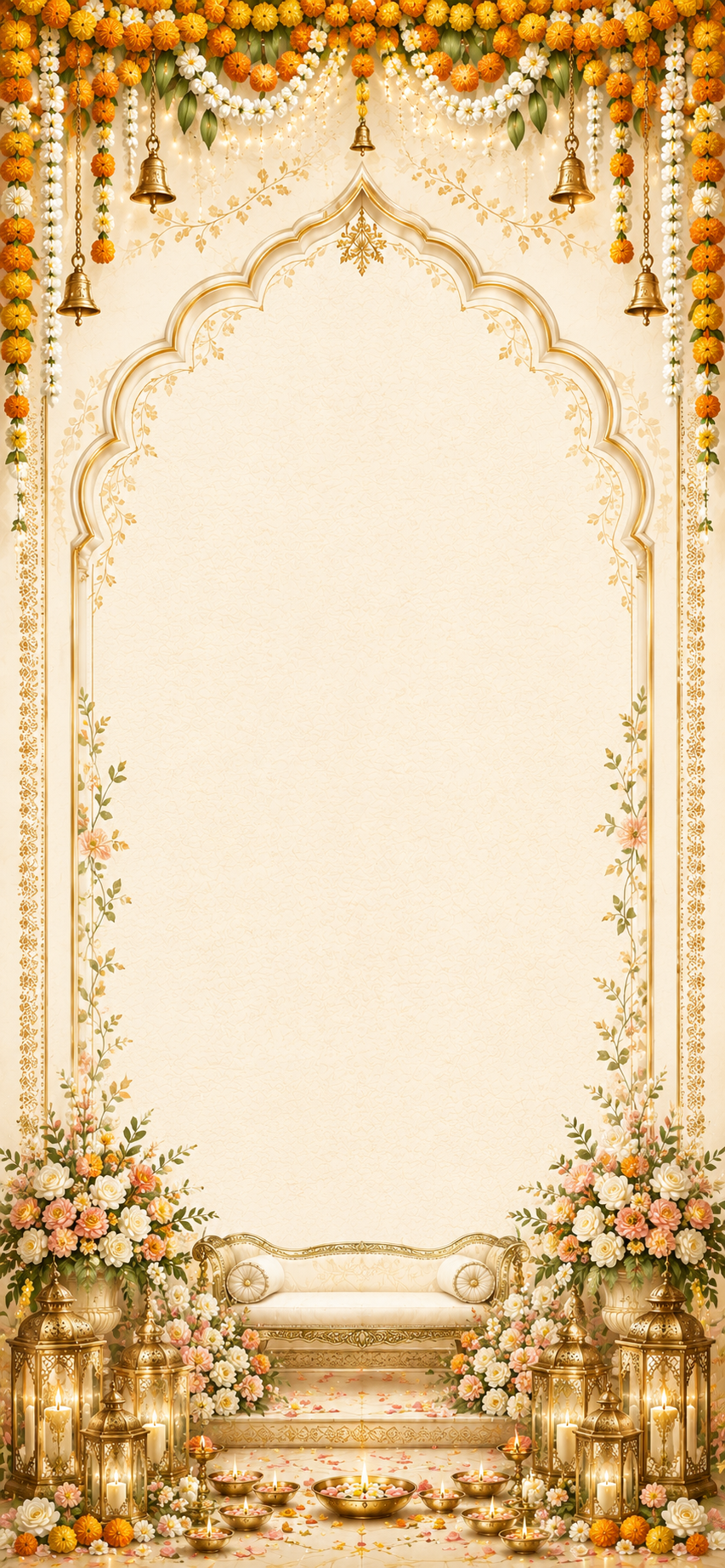 Gold ornate arch with marigold garlands, bells, a gold settee bench, lanterns and scattered flower petals