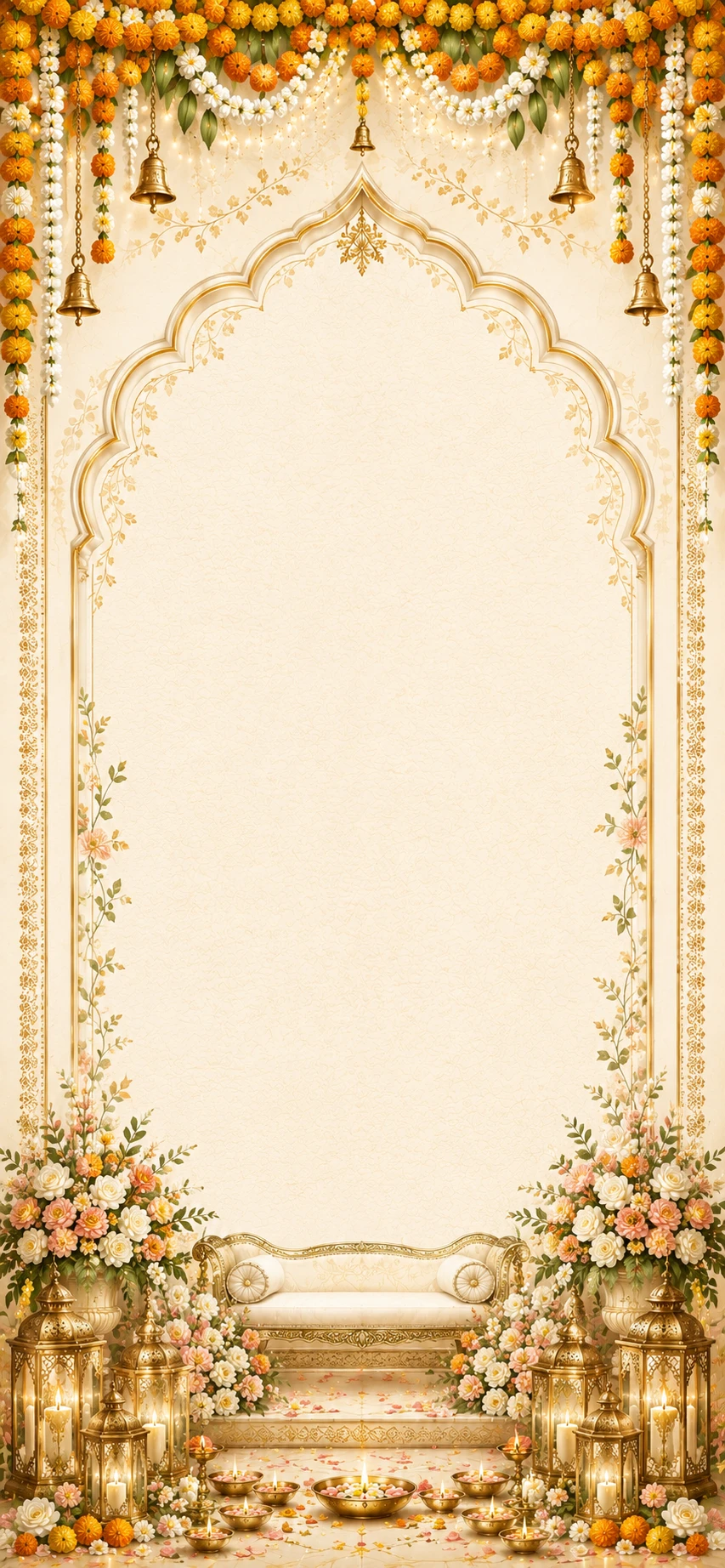 Gold ornate arch with marigold garlands, bells, a gold settee bench, lanterns and scattered flower petals