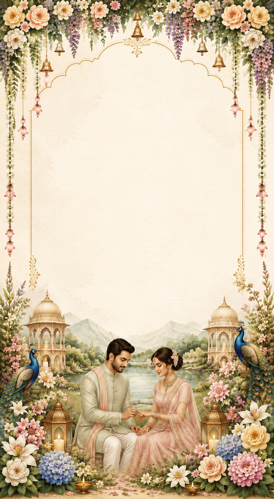 Illustration of an engaged couple exchanging a ring under a floral wisteria arch with palace pavilions and peacocks