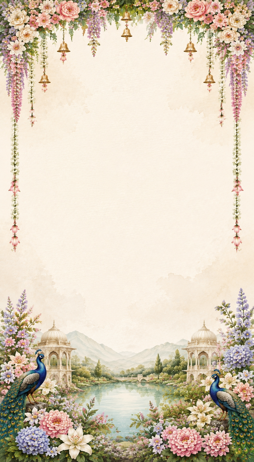 Floral frame with hanging bells and wisteria vines, palace pavilions by a lake, and two peacocks