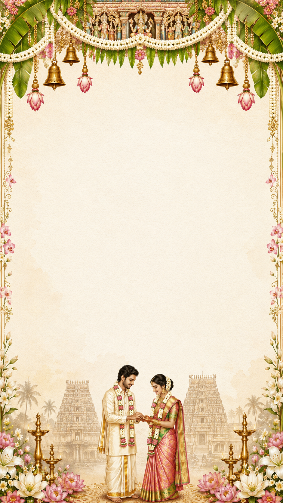 Illustration of a South Indian temple wedding scene with a couple exchanging a ring beneath gopuram temple towers