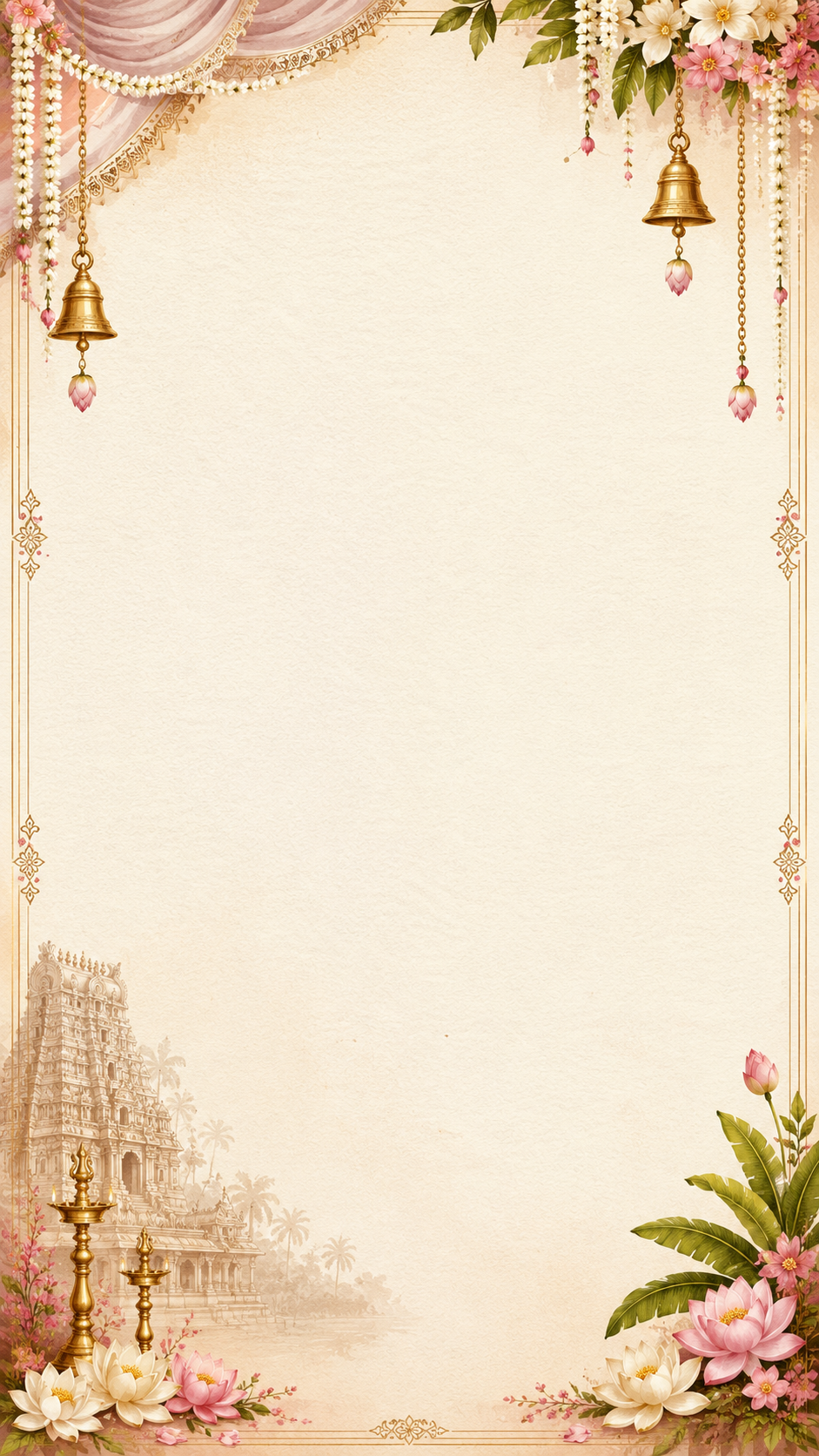 Temple archway backdrop with a pink fabric drape, hanging bells and a faint gopuram silhouette