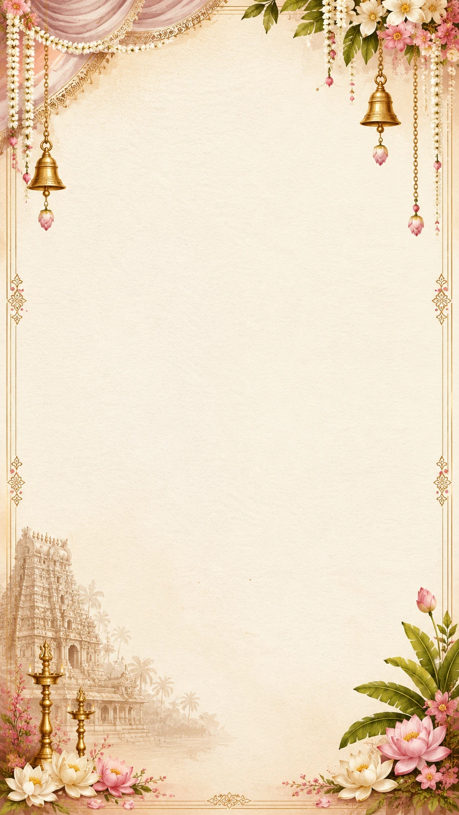 Temple archway backdrop with a pink fabric drape, hanging bells and a faint gopuram silhouette