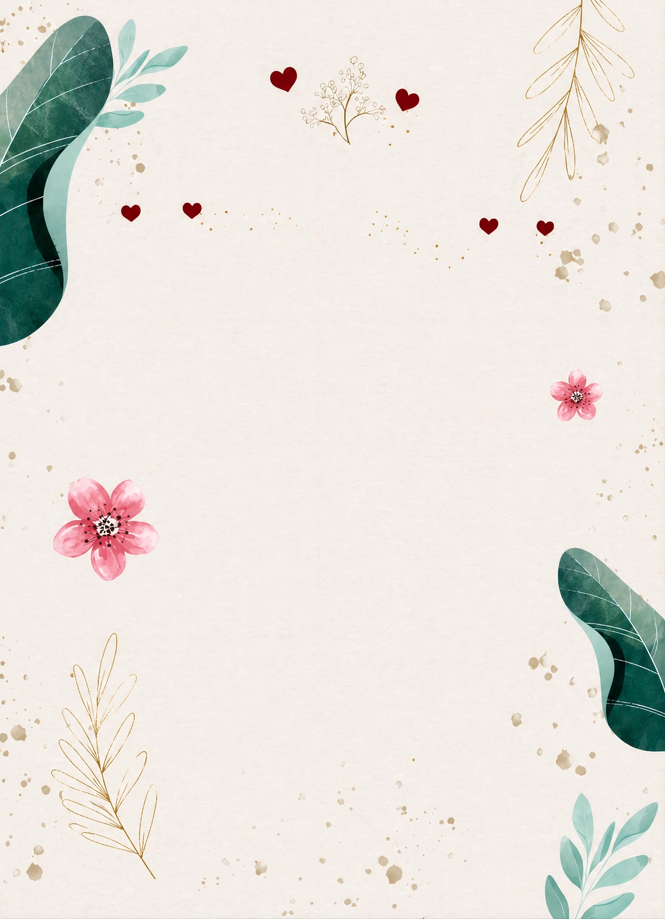 Cream textured background with watercolor leaf clusters, gold branch sprigs and small red heart accents