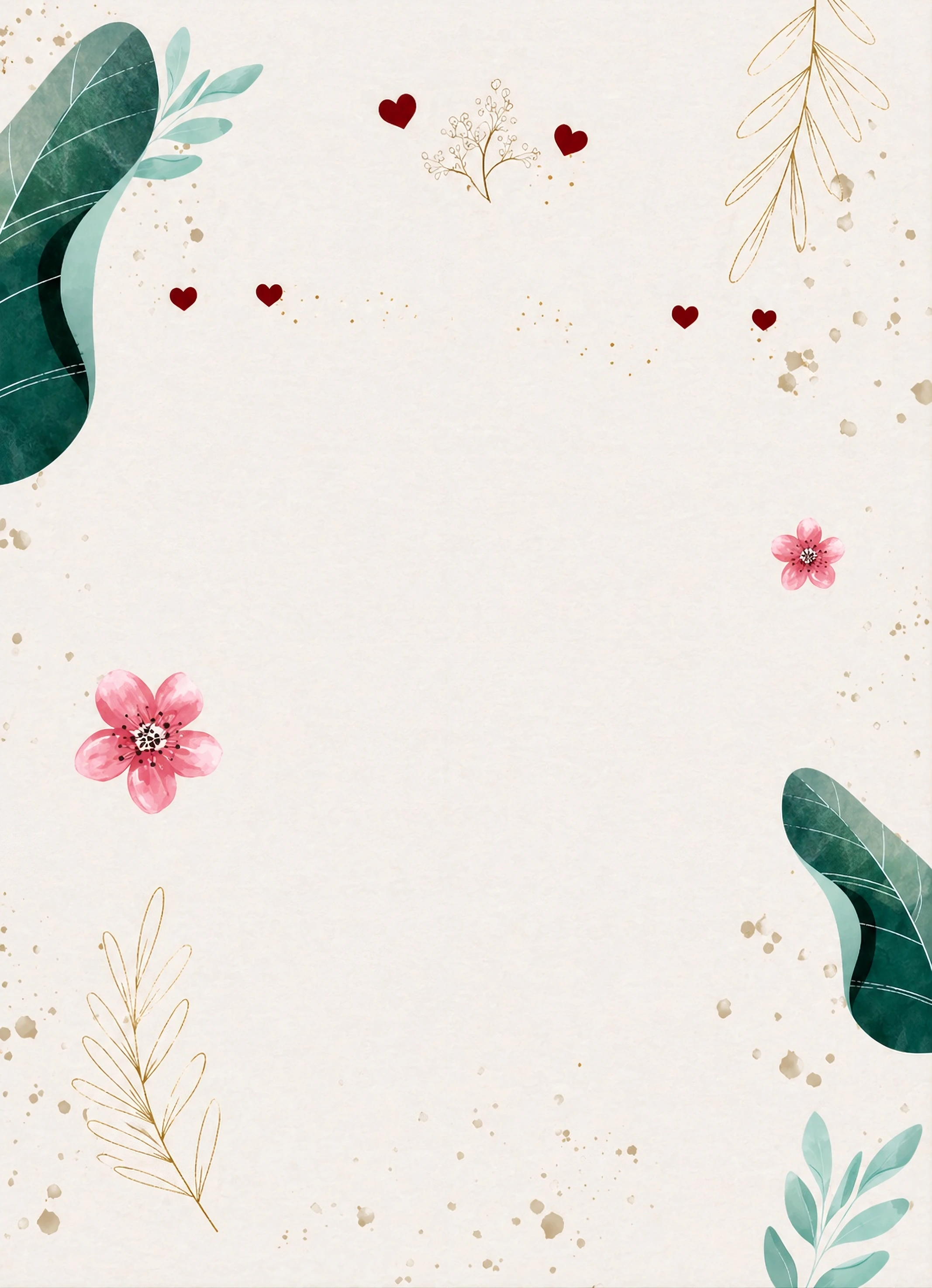 Cream textured background with watercolor leaf clusters, gold branch sprigs and small red heart accents