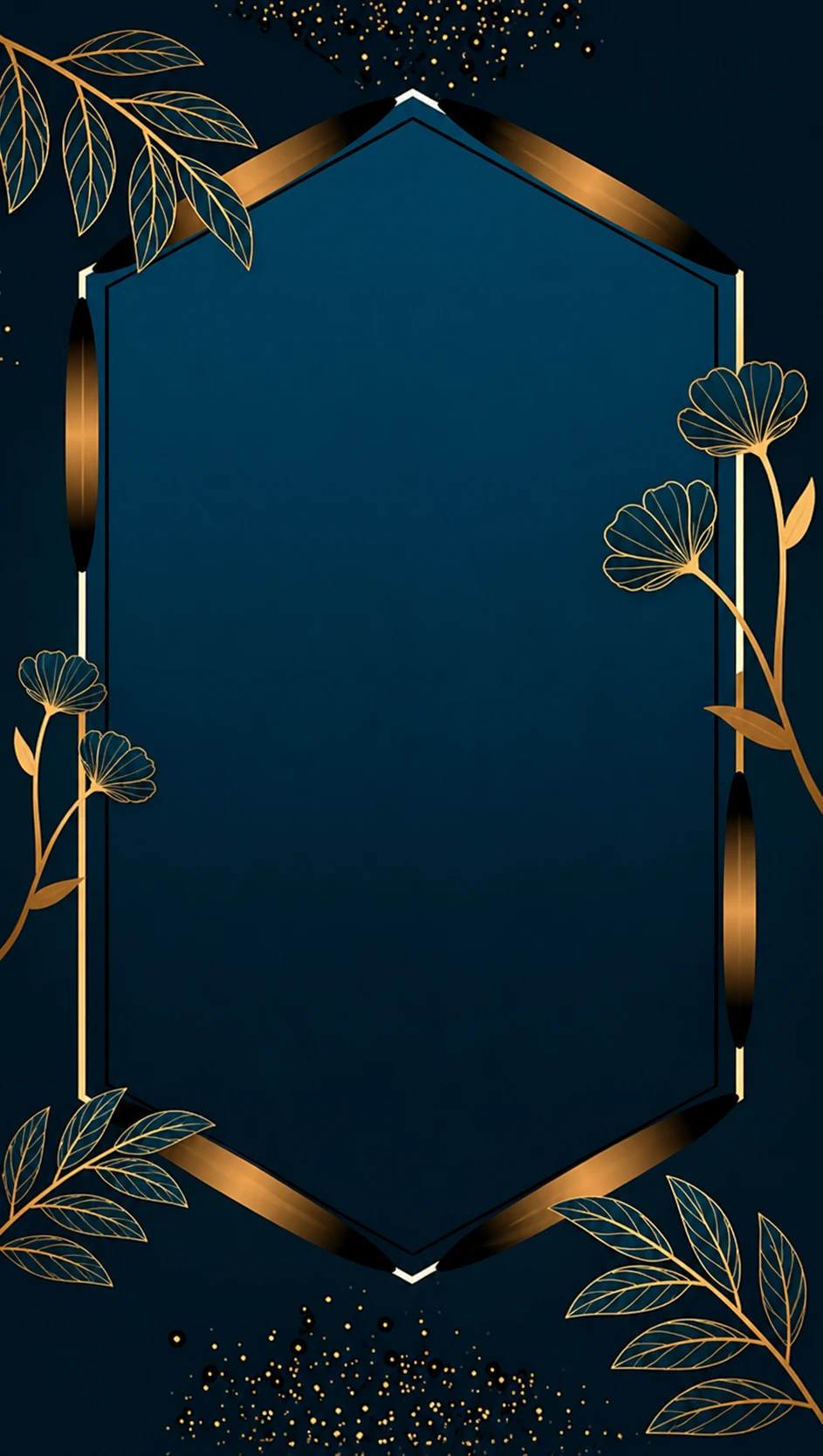 Dark navy hexagonal frame with gold foil leaf branch corners and gold line-art flower accents