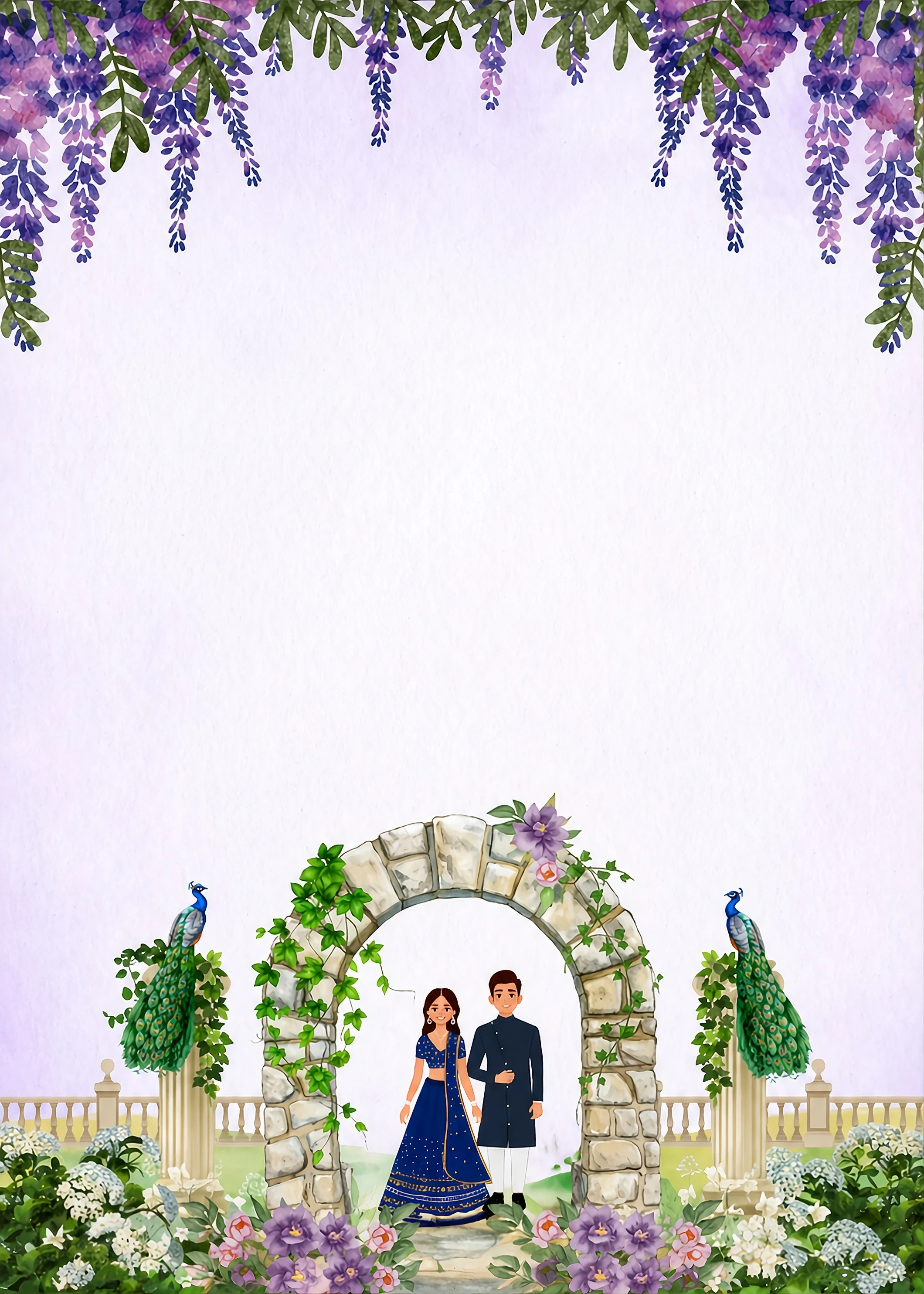 Illustration of a couple under a stone archway draped in wisteria with two peacocks on the pillars