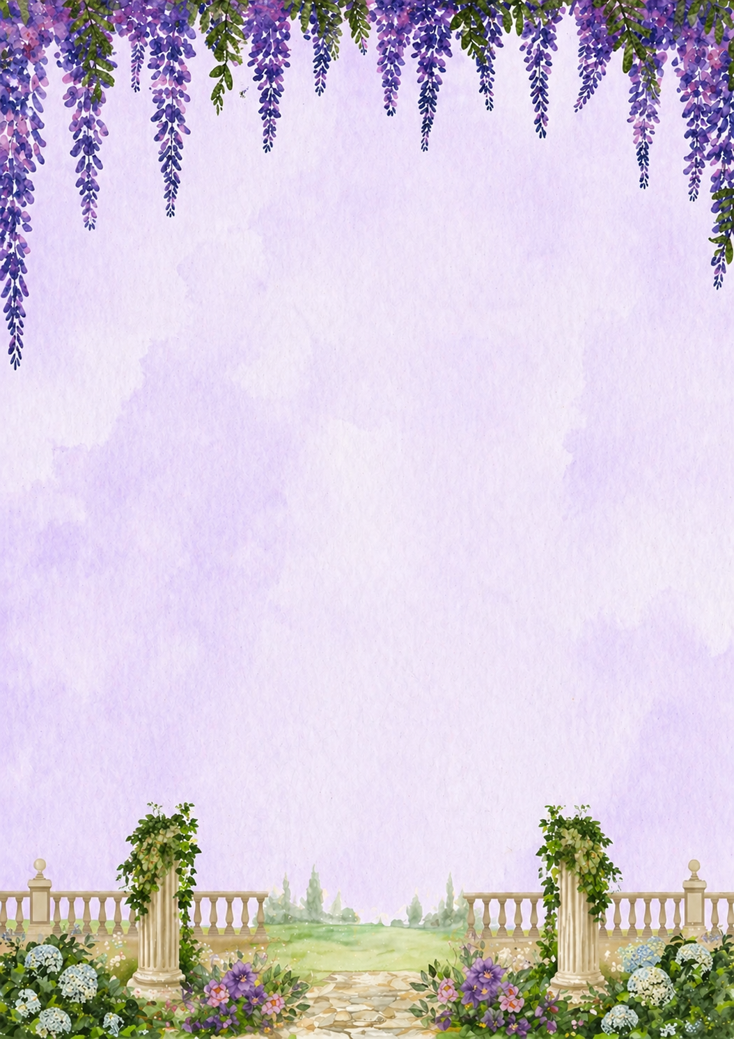 Pastel purple watercolor archway with a hanging wisteria vine canopy over a stone garden path