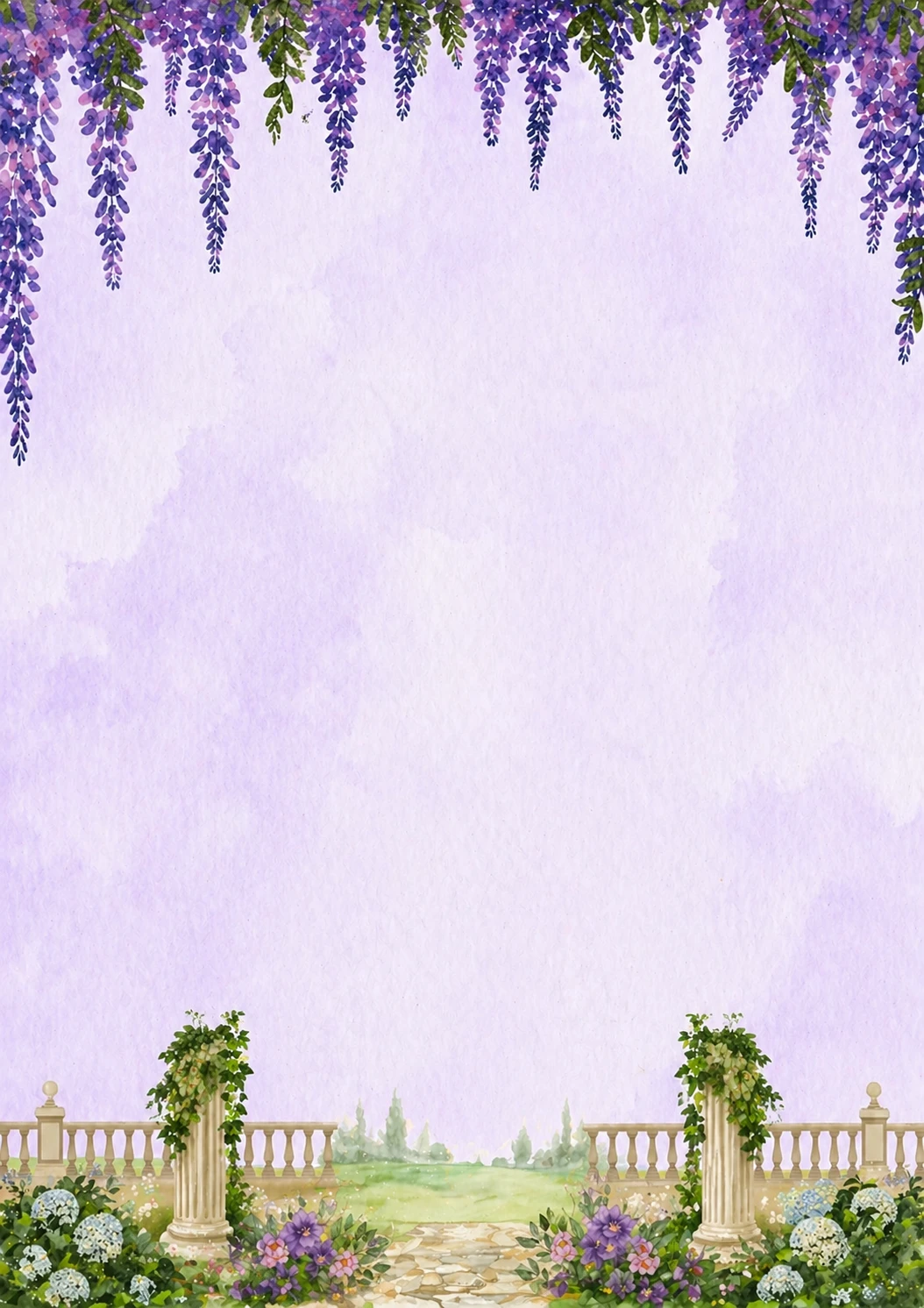Pastel purple watercolor archway with a hanging wisteria vine canopy over a stone garden path