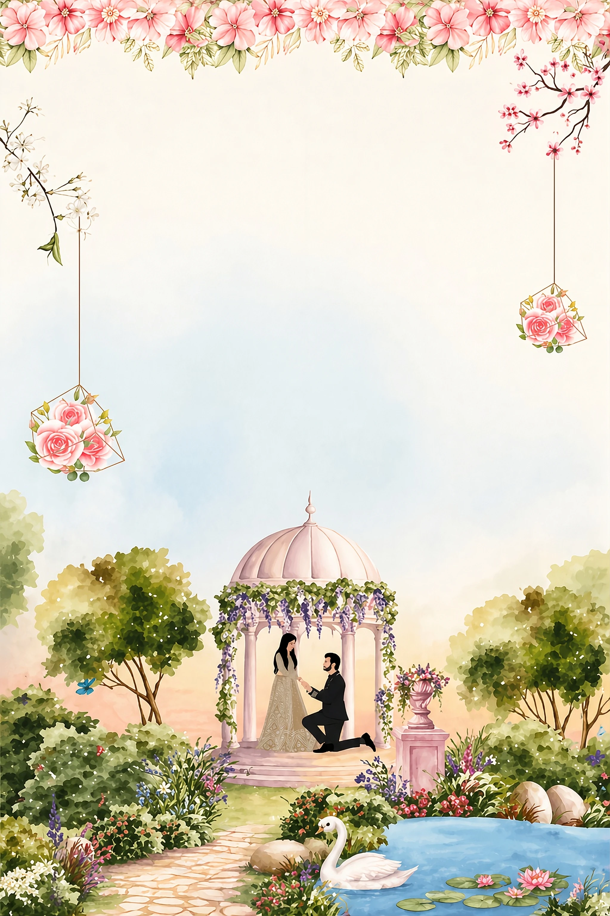 Illustration of an engagement proposal scene in a domed garden gazebo with wisteria vines and a swan on a pond