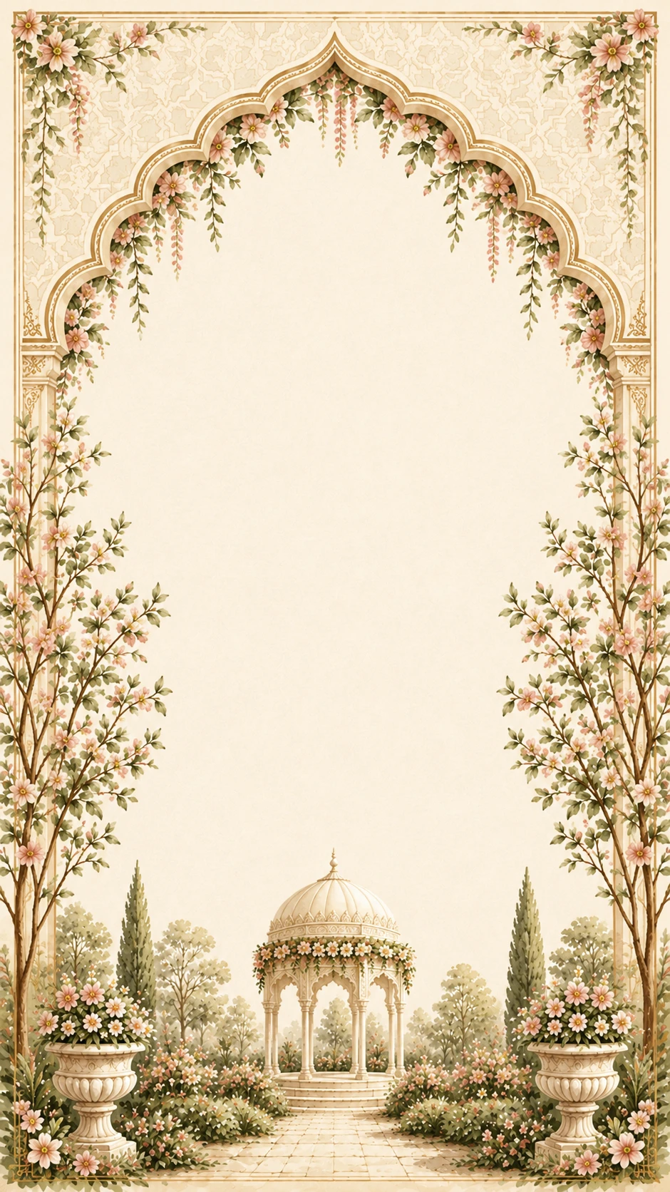 Cream garden watercolour with a domed gazebo, hanging pink florals and stone urns