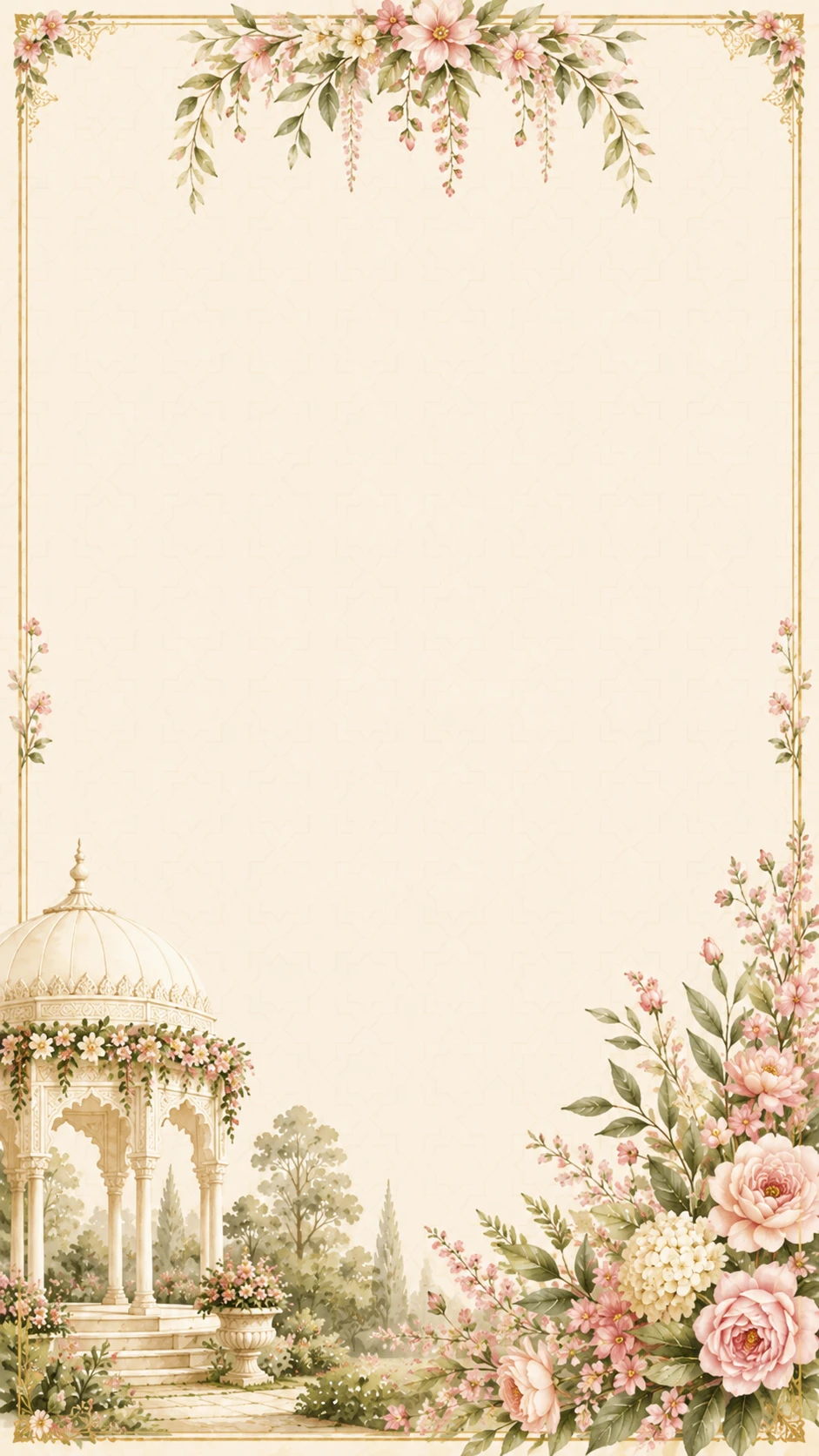 Cream Mughal arch watercolour framed by flowering trees with a garden gazebo below