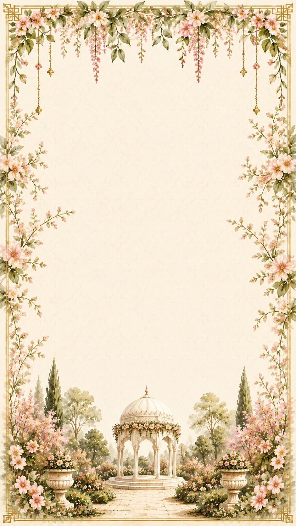 Cream watercolour with pink floral top corner, a garden gazebo and roses in the lower corners