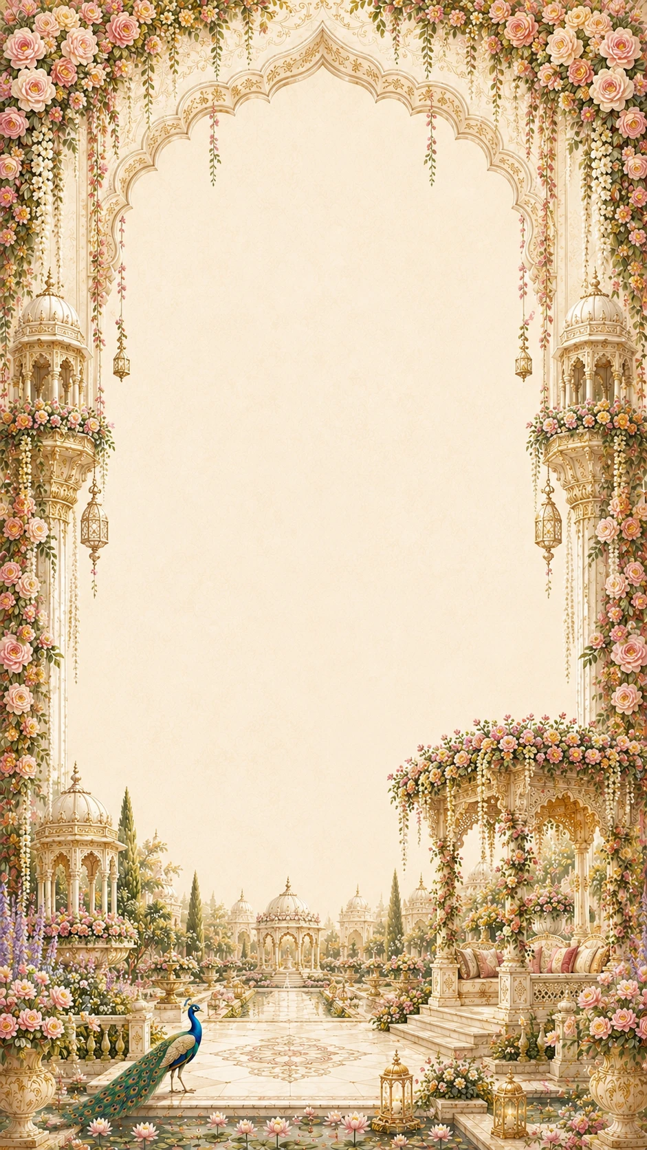 Floral archway with roses, hanging lanterns, a garden path and a peacock