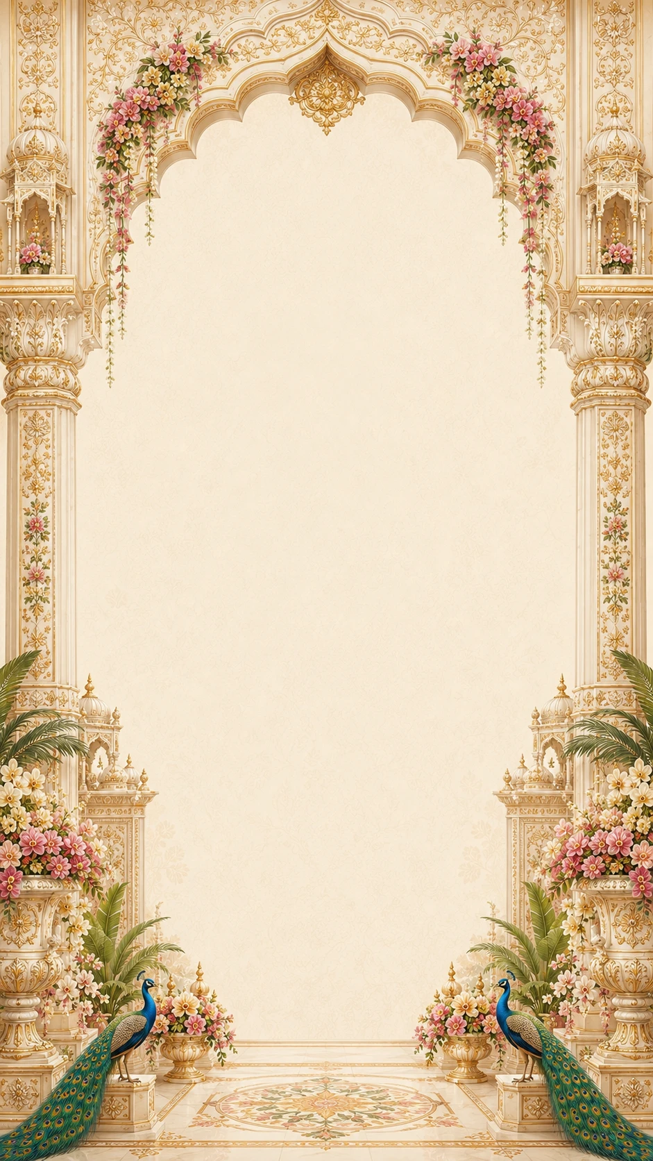 Ornate gold archway with pink floral garlands and twin palace towers with peacocks perched atop them