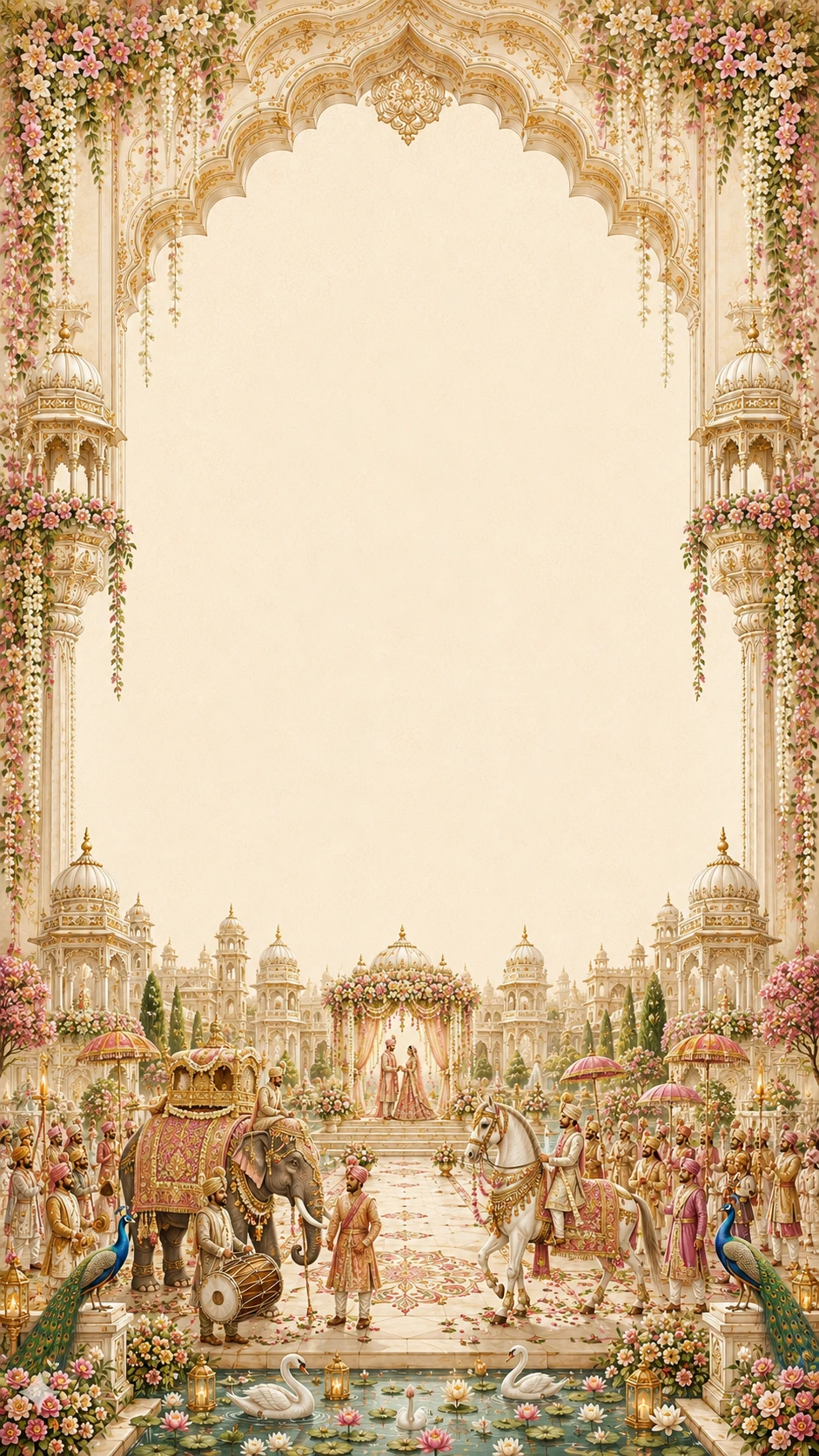 Illustration of a grand palace archway wedding procession scene with a bride and groom under a mandap, an elephant and peacocks