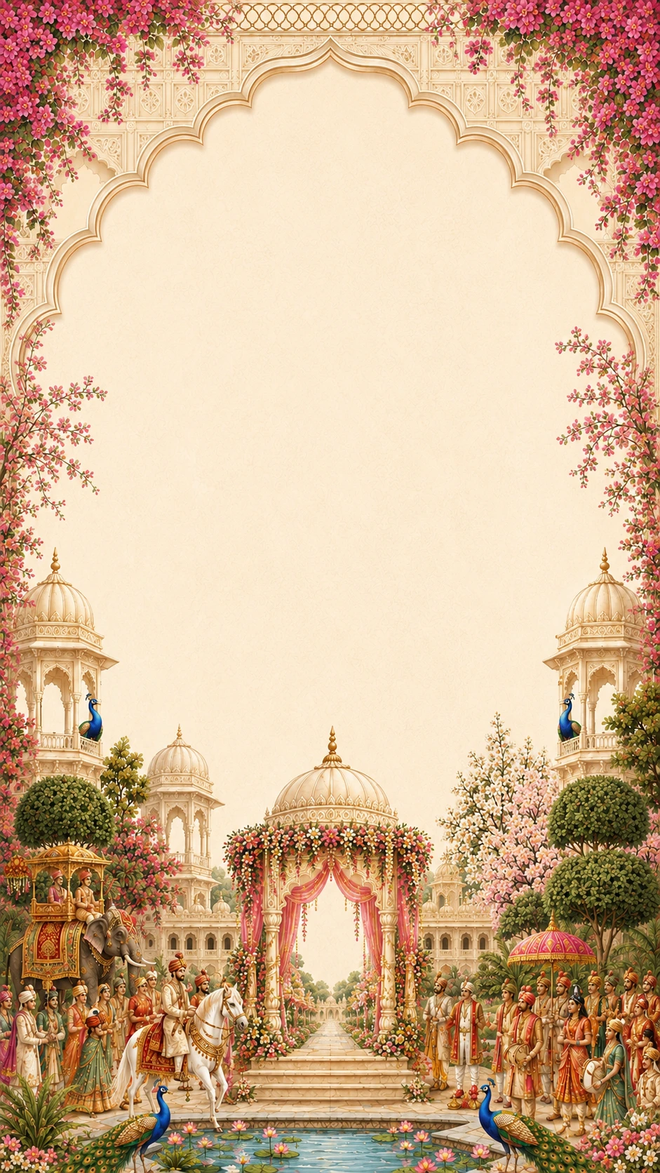Illustration of a grand palace archway with a baraat wedding procession, groom on a horse and a decorated elephant