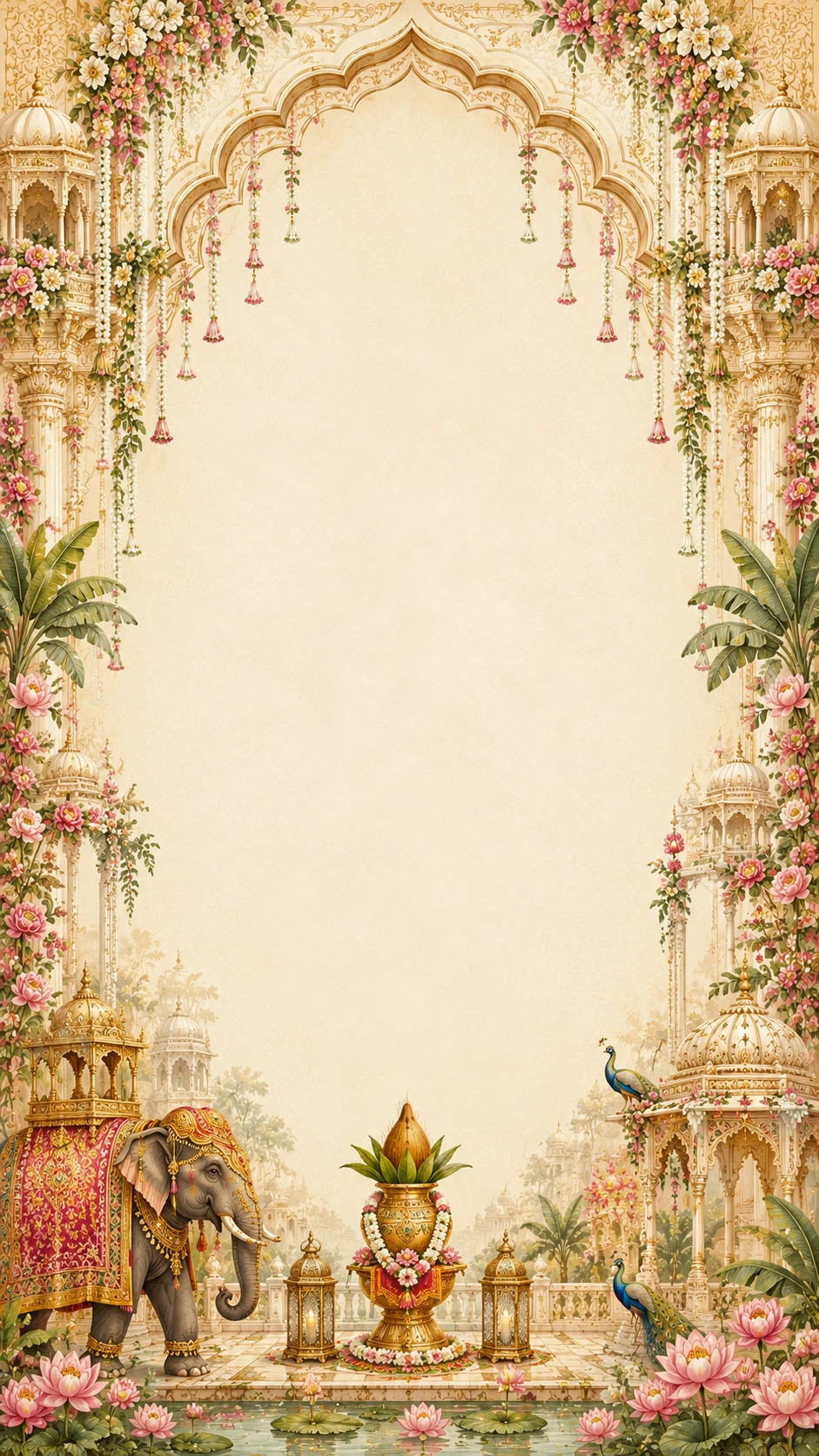 Cream palace archway with floral garlands, a decorated elephant, gold lanterns and peacocks by a lily pond