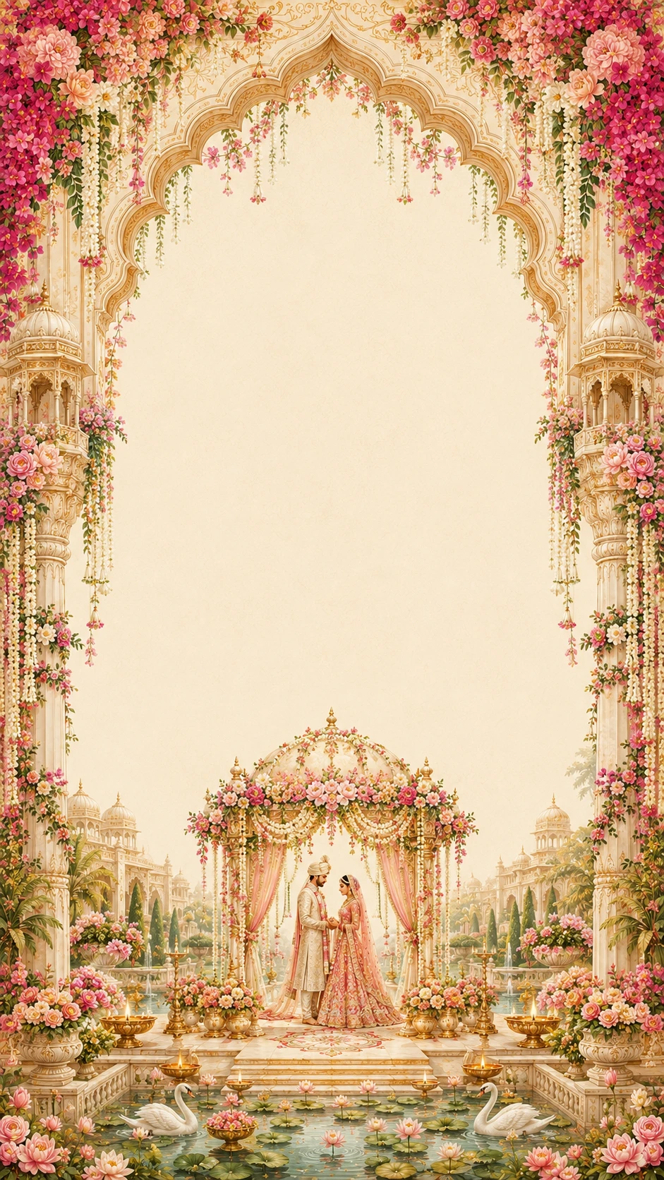 Floral archway frame with a couple standing under a floral gazebo mandap and palace pavilions