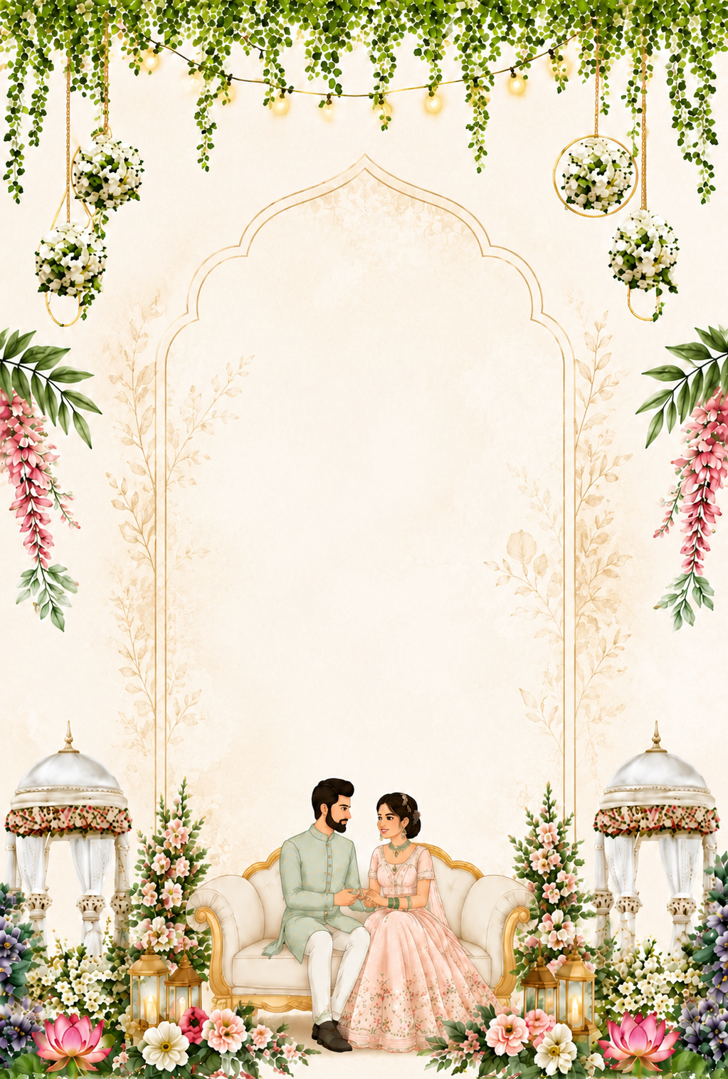 Illustration of a couple sitting together under a floral arch with palace domes and hanging flower ornaments