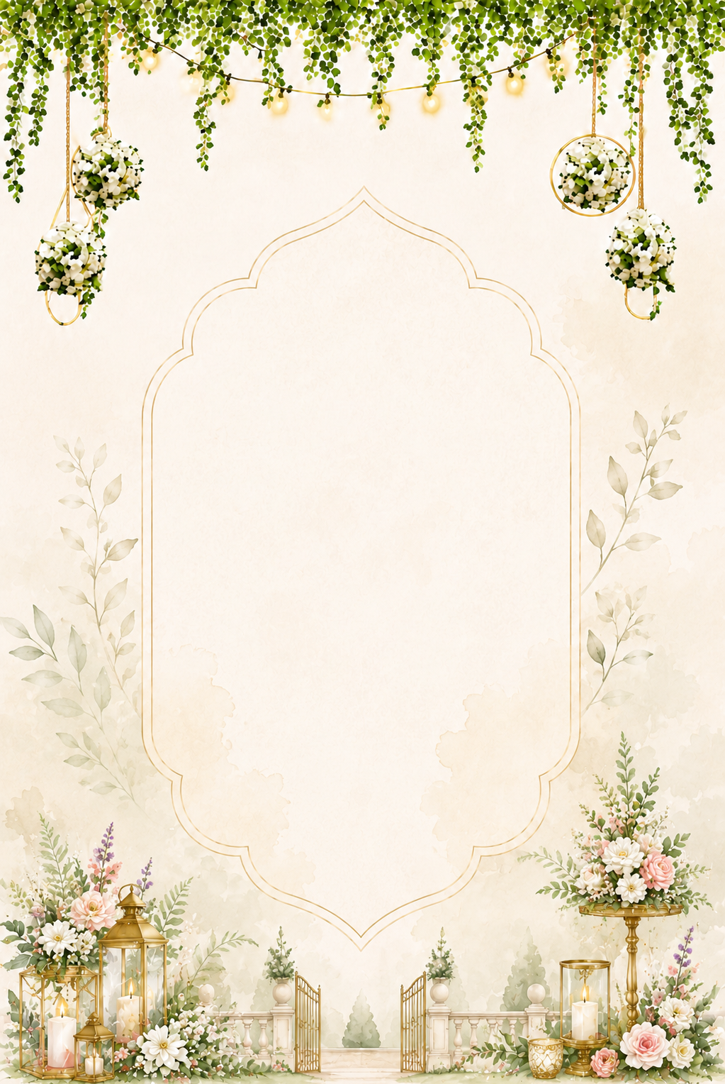 Cream floral arch frame with a hanging flower ball ornament, string lights and a gold ornamental gate