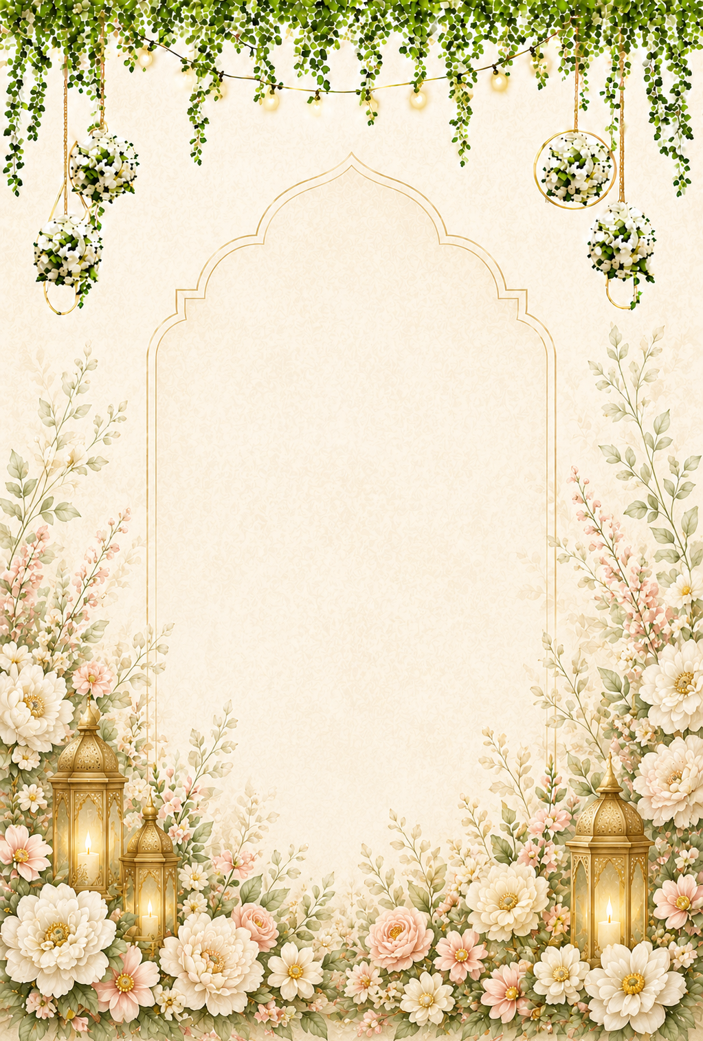 Cream arch frame with hanging flower ball ornaments and a dense floral bottom border