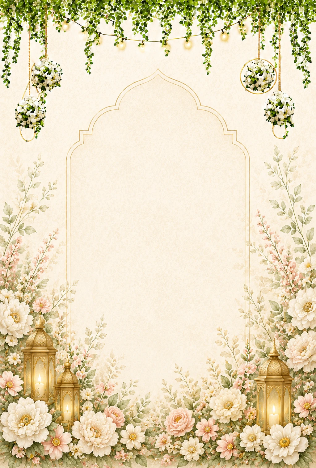 Cream arch frame with hanging flower ball ornaments and a dense floral bottom border