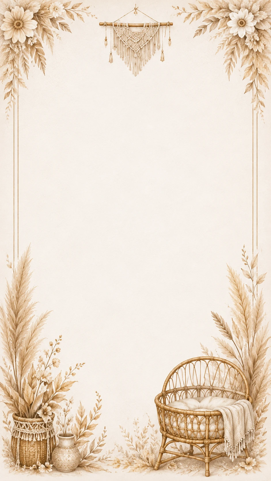 Boho watercolor frame with macrame, pampas grass and rattan cradle
