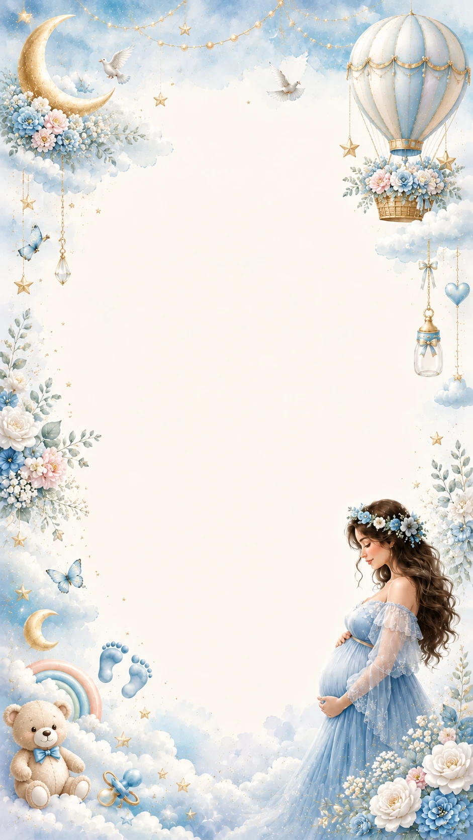 Soft blue sky with watercolor clouds, hanging teddy bear, gold moon and stars