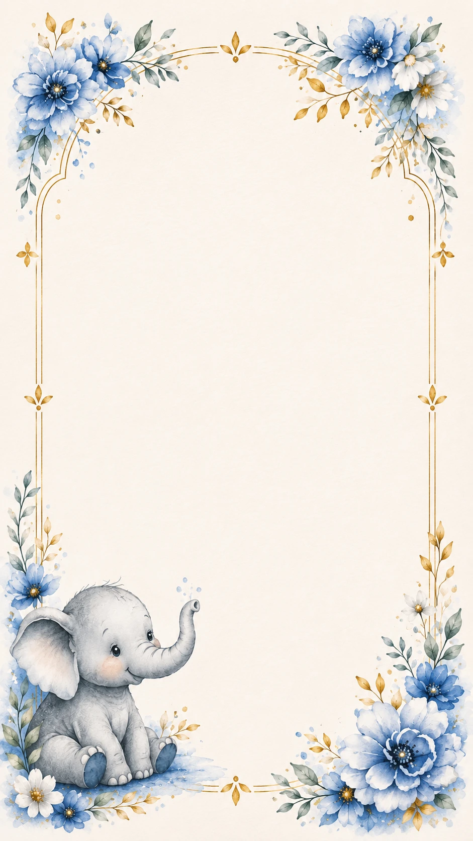 Blue watercolor floral frame with baby elephant and balloons