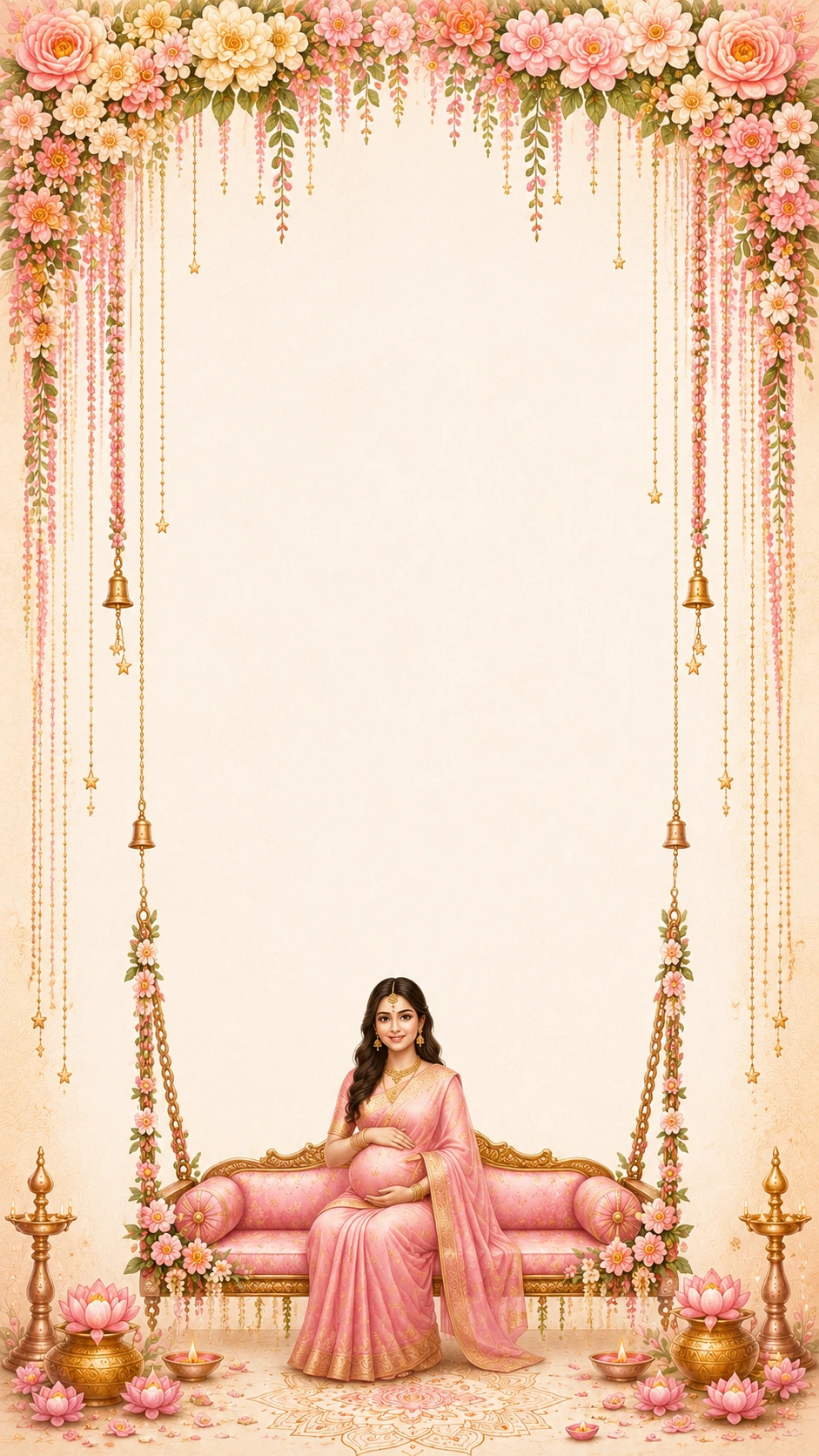 Pink floral canopy with hanging gold bells over an ornate golden swing, brass diyas and lotus flowers, with a mother-to-be seated on the swing