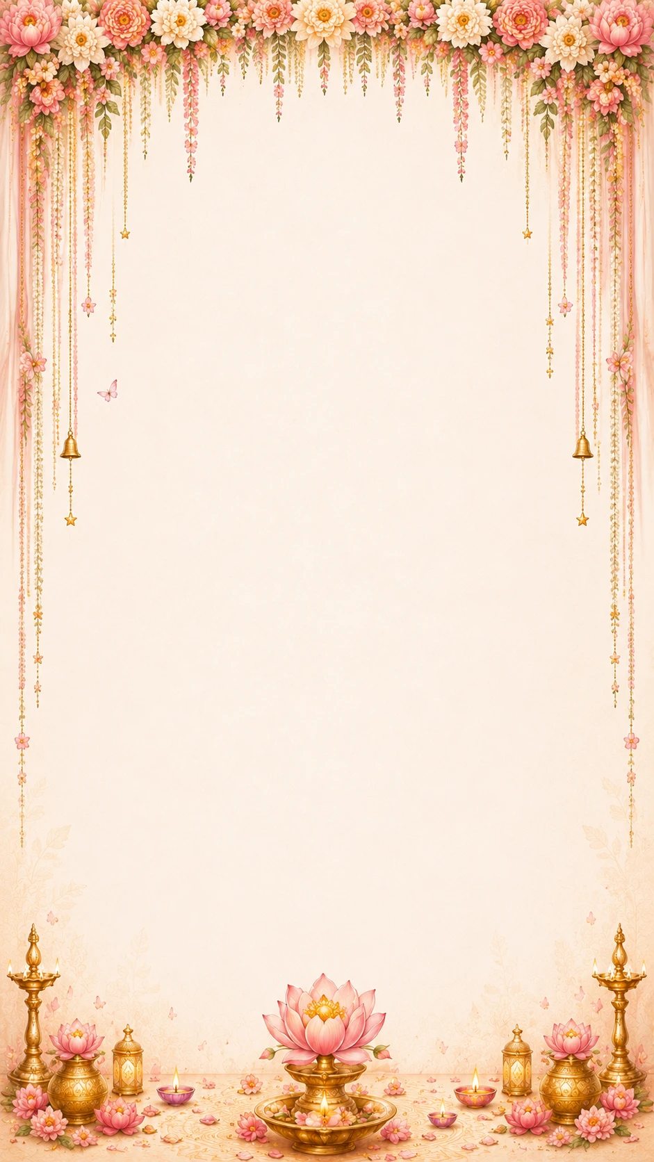 Pink floral canopy with hanging gold bells, a butterfly, brass diyas and lotus flowers