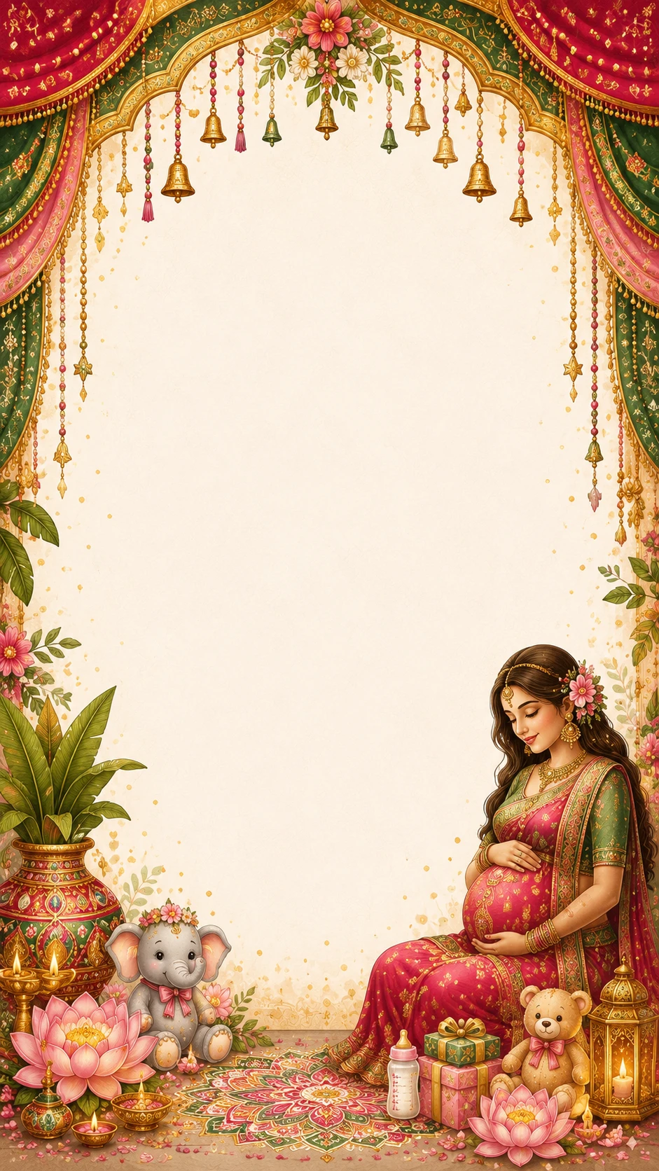 Maroon and green curtain arch with hanging gold bells, a pregnant woman in a red and green saree holding her belly, an elephant plush, teddy bear, lotus flowers and gift boxes