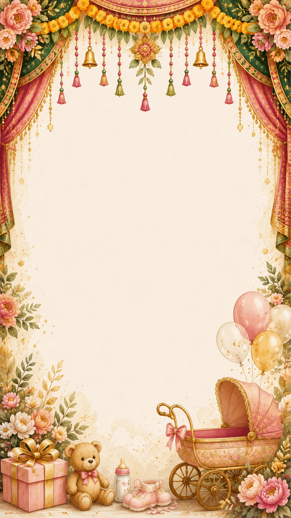 Pink and gold curtain arch with marigold garland and hanging bells, an ornate pink and gold baby pram with balloons, a teddy bear, gift box and baby shoes