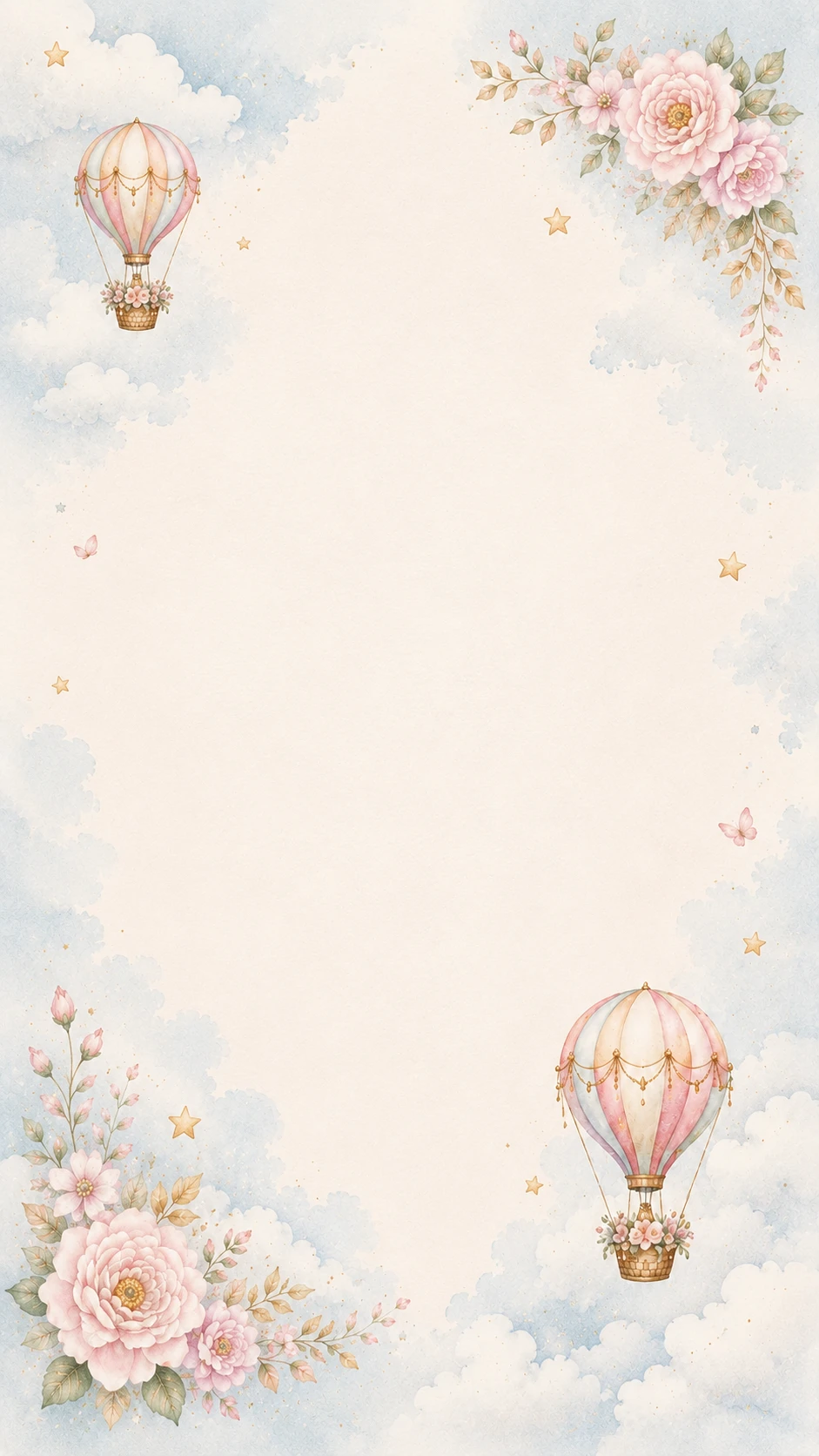 Pastel hot air balloon with roses and clouds watercolor frame