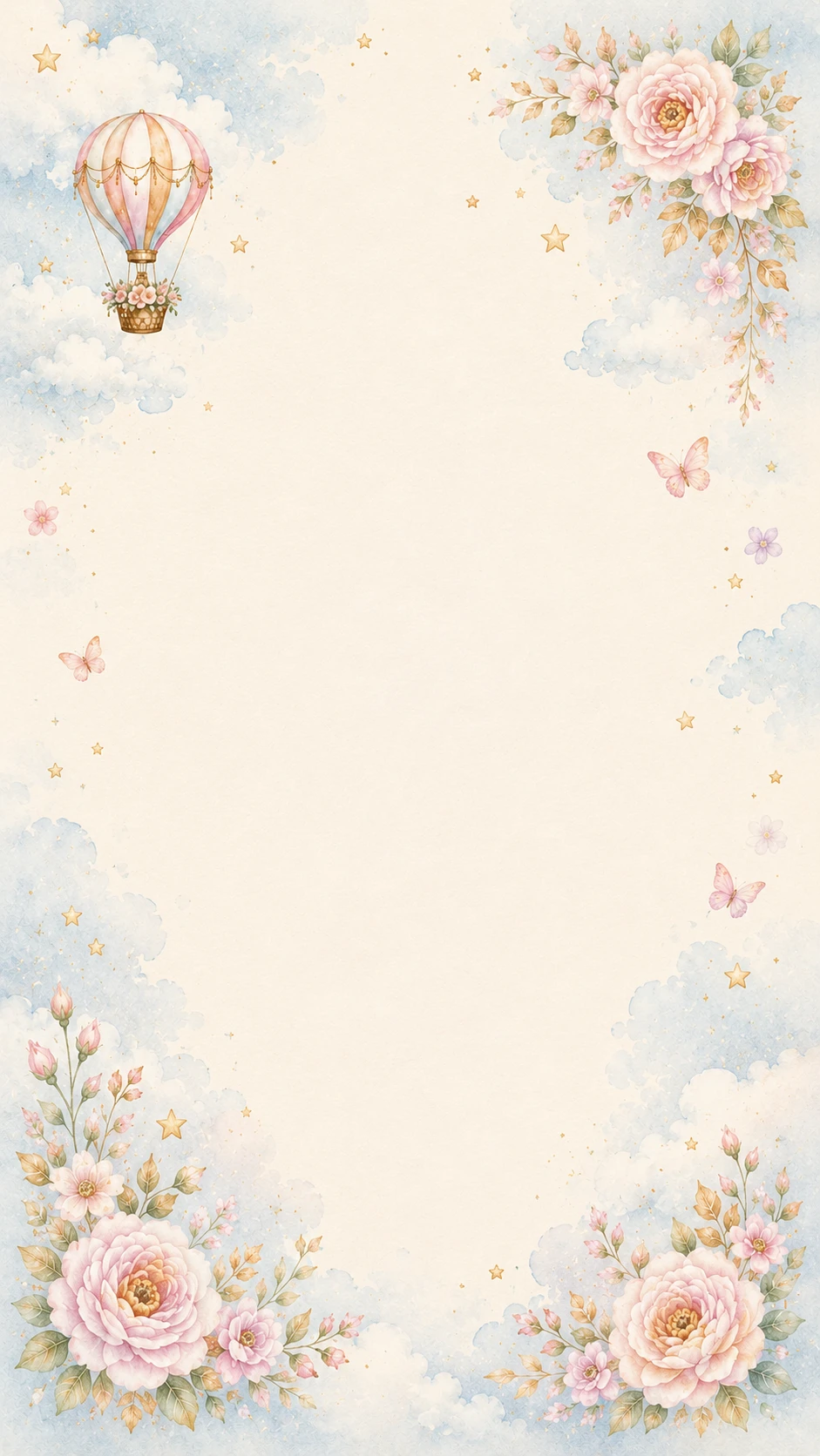 Pink rose watercolor frame with small hot air balloon