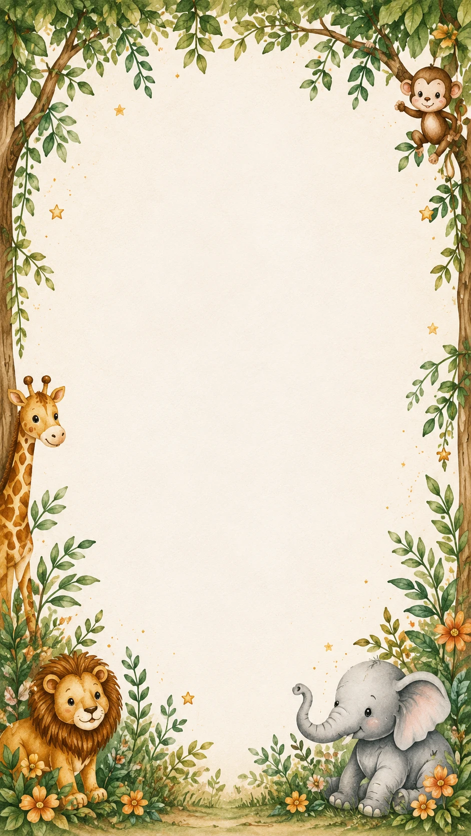 Watercolor jungle frame with lion, elephant, zebra and monkey